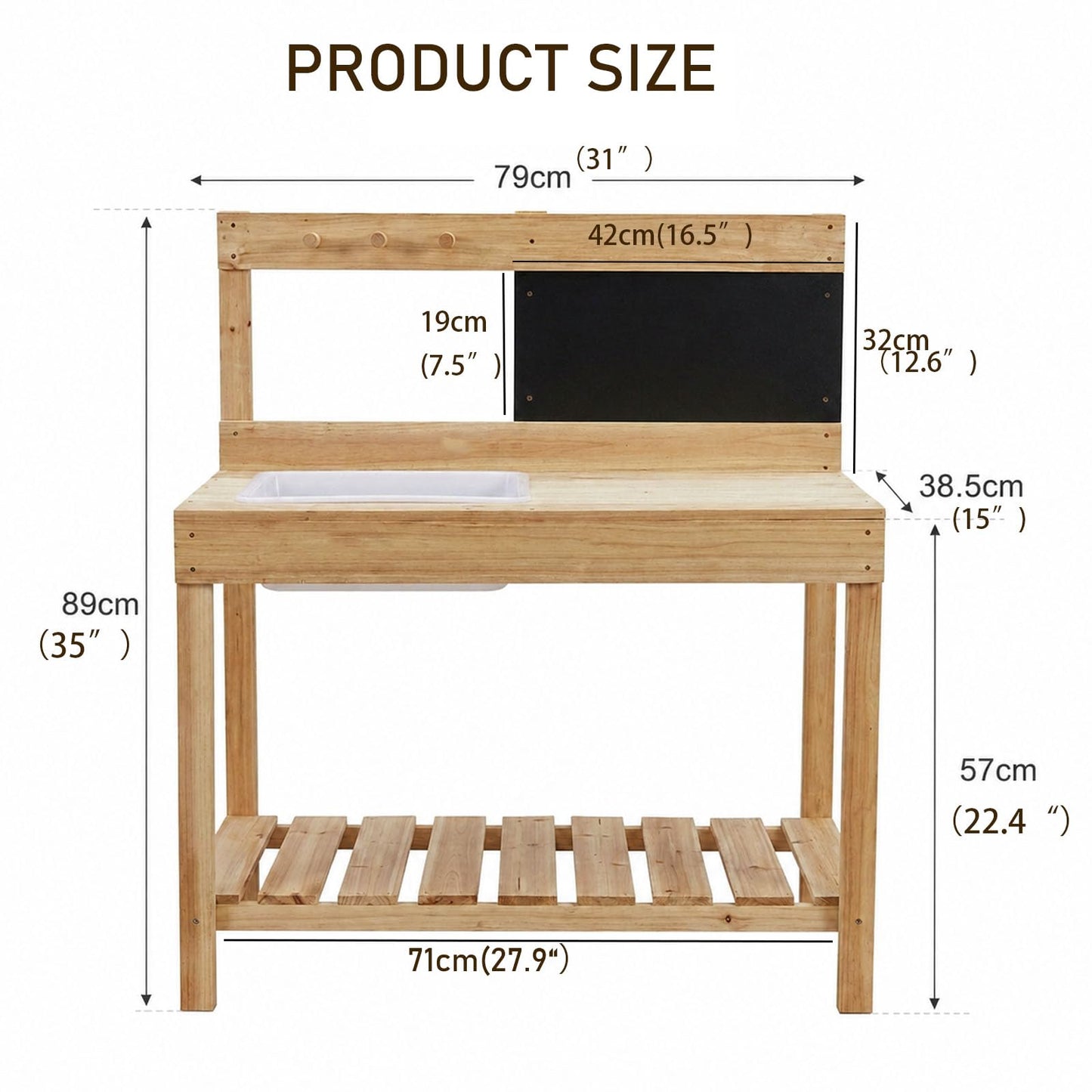 ZCCREATTIVE Children Wooden Potting Bench for Outdoor Indoor, with Sink, Blackboard, and Storage Shelves, 31 x 15 x 35 Inches,Kids Garden Work Table Workstation for Backyard Patio Lawn