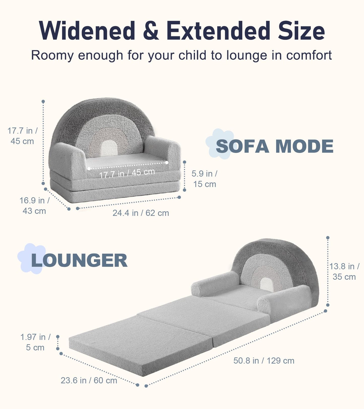 little dove Extra Wide Soft Kids Couch Fold Out, 2-in-1 Kids Couch, Convertible Kid Sofa, Kid Furniture for Playroom, Ideal Gifts for Boys & Girls Ages 3+, Gray