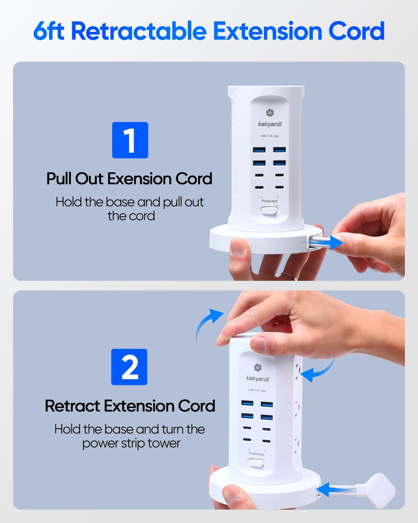 Power Strip Tower, kakyanill Surge Protector Tower 9 AC Outlets 8 USB (4 USB C), 6 Ft Retractable Extension Cord, Charging Station for Office Dorm Room, White
