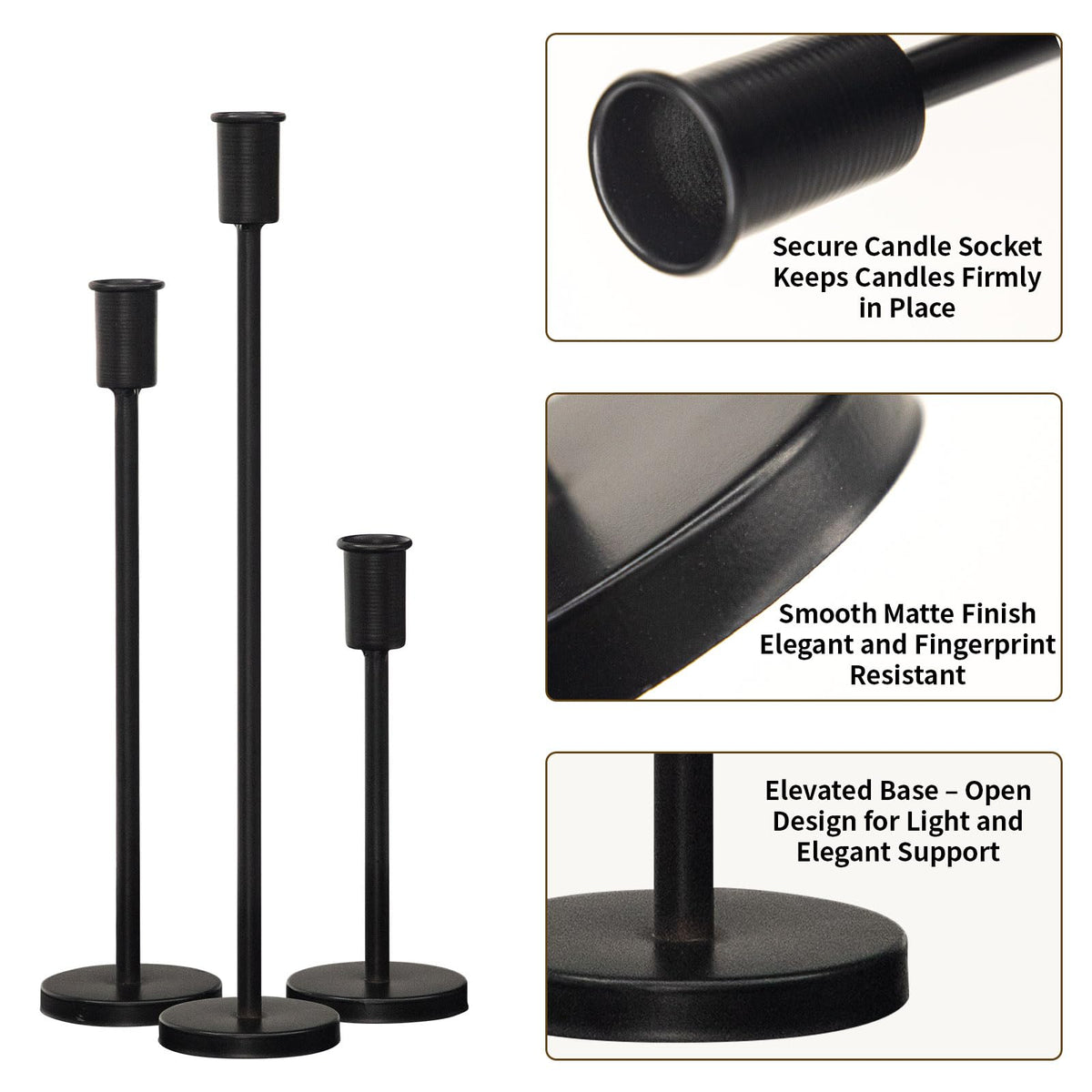 UPPER DECOR Matte Black Pillar Candle Holders - Set of 3 Heavy Decorative Iron Candlestick Stands for Table Centerpiece, Wedding, Dining, Party Candle Stick Holders