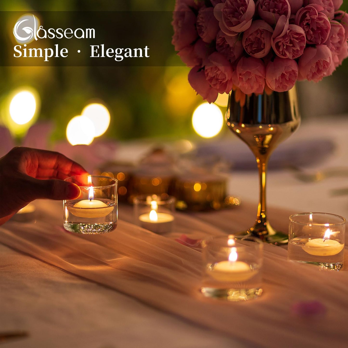 Glasseam Glass Votive Candle Holders - Clear Set of 12, Mini Floating Tea Lights for Wedding Centerpieces, Christmas Party Decorations, 1.6"+2