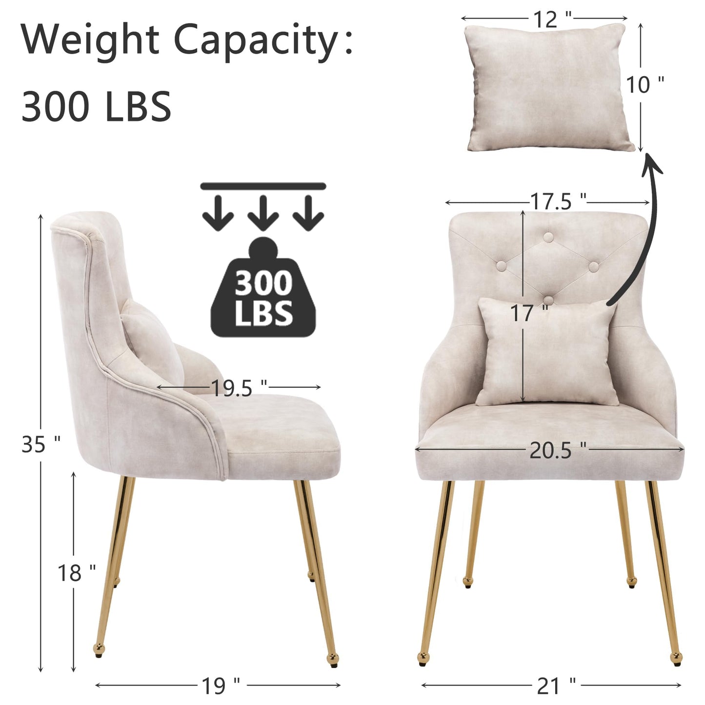 UDAX Velvet Vanity Chairs with Back, Upholstered Makeup Chair No Wheels with Metal Legs & Lumbar Pillow for Living Room/Makeup Room/Bedroom/Home Office/Kitchen