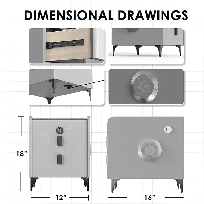 Smart Nightstand with 2 Drawers, with Fingerprint Lock Drawer, Nightstand with
