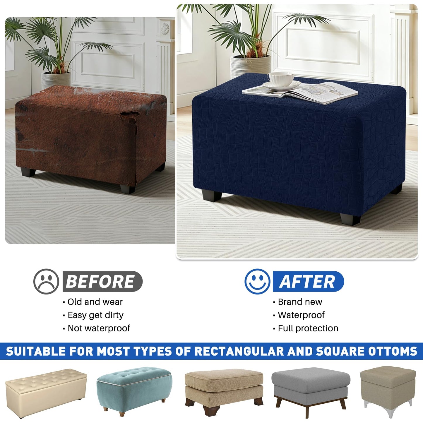 MAXIJIN Waterproof Ottoman Cover Rectangle Stretch Ottoman Slipcovers Square Thick Stool Covers Storage Footrest Furniture Protector with Non-Slip Elastic Bottom (Small, Navy Blue)