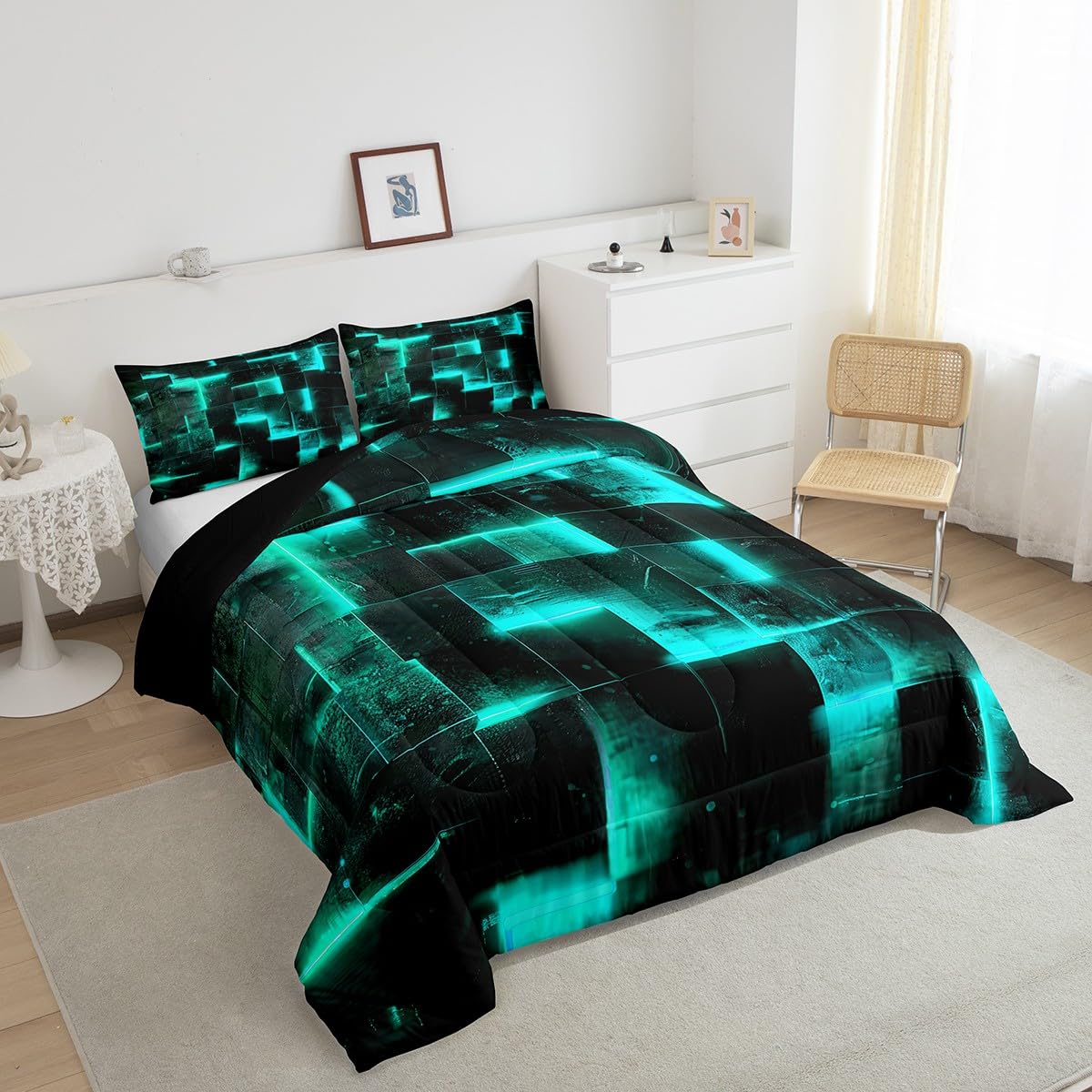 Erosebridal Black and Teal Comforter Set Twin Modern Abstract Twin Bedding, 3D Glowing Plaid Bedding Comforter Sets Gradient Grid Duvet, Neon Square Quilted Comforter 2pcs (Black Reversible)
