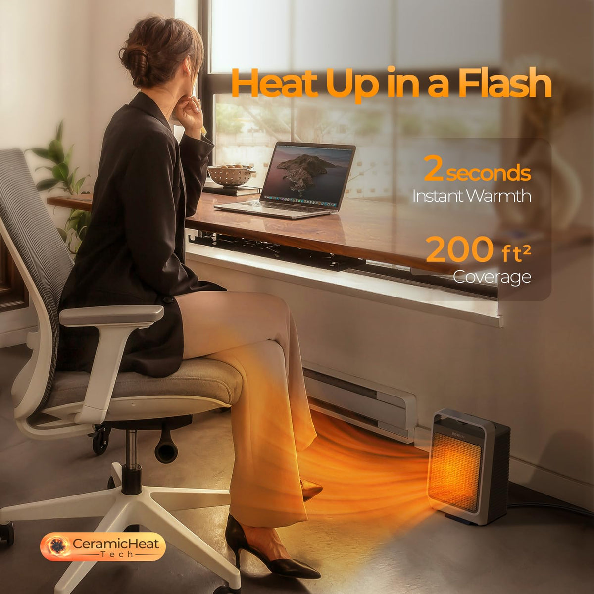 ROSEKM Space Heaters for Indoor Use, 1500W Portable Electric Heater with Thermostat, Ceramic Heater for Room Bedroom Office Under Desk with 3 Heating Levels, Safe Tip-Over Protection (Silver)