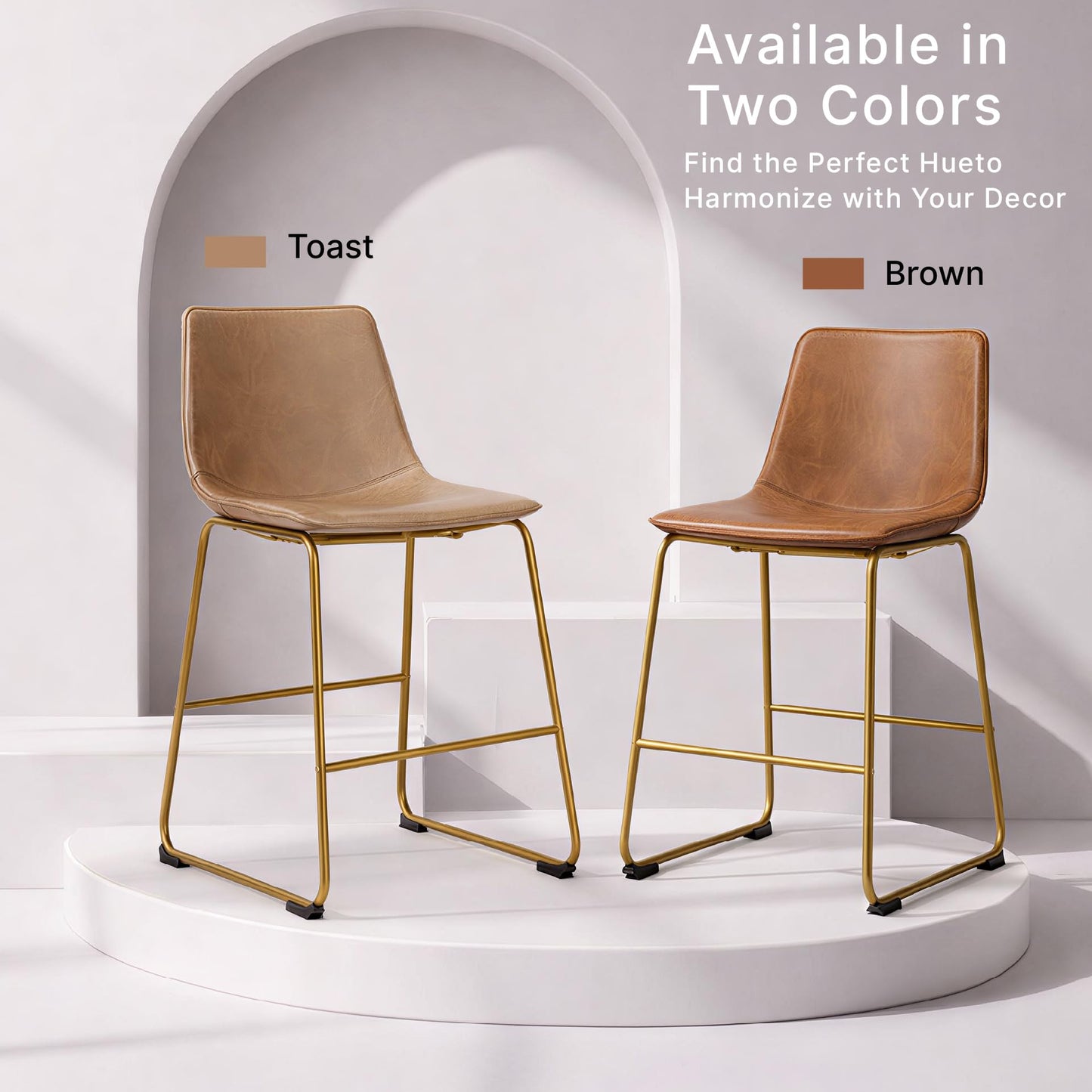 Signature Design by Ashley Lexadine Mid Century Modern Dining Chairs Set of 2, Cushioned Faux Leather Bucket Seat, Metal Frame for Kitchen Table, Toast Light Brown and Gold