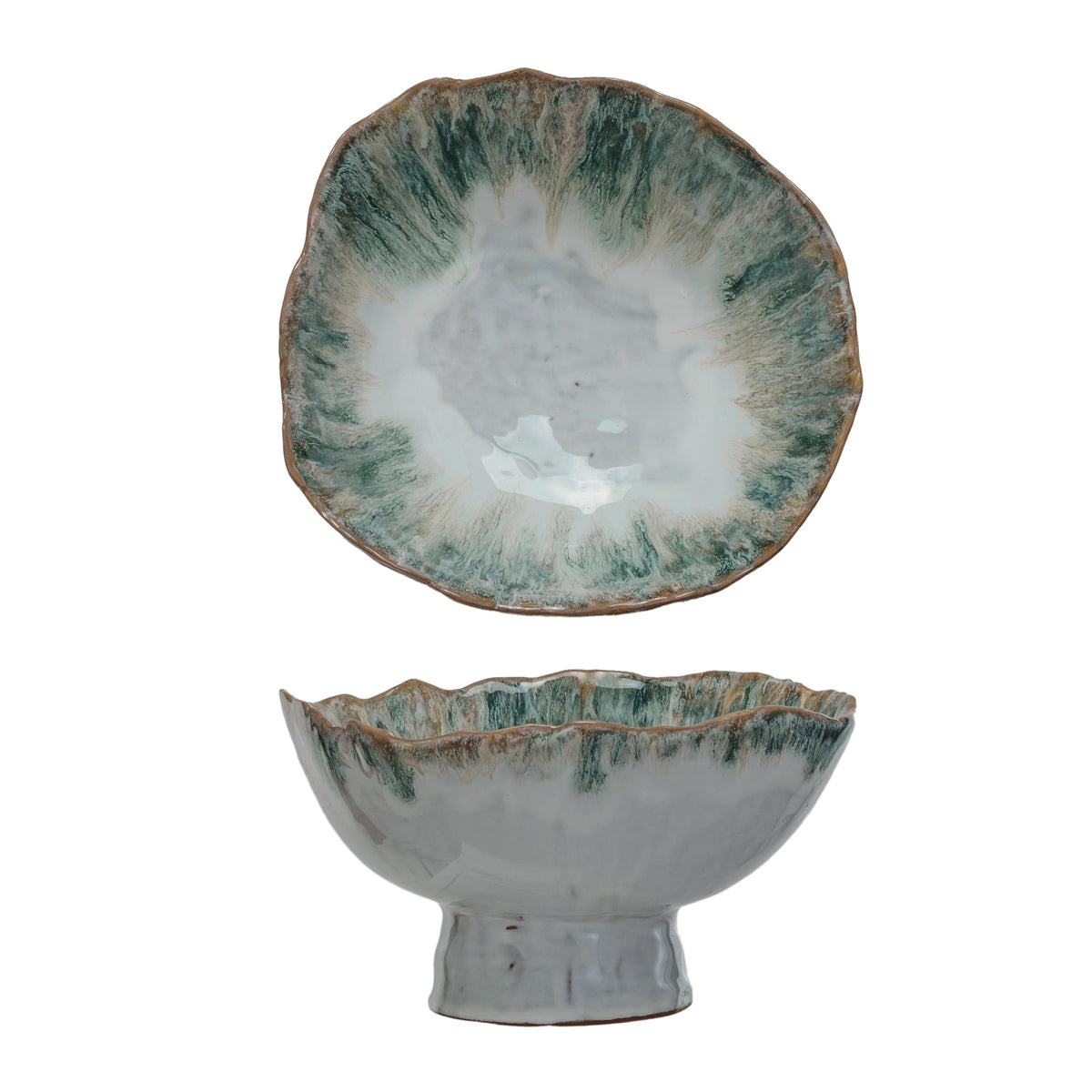 Creative Co-Op Large Stoneware Footed Bowl with Speckled Glaze, Green and Brown