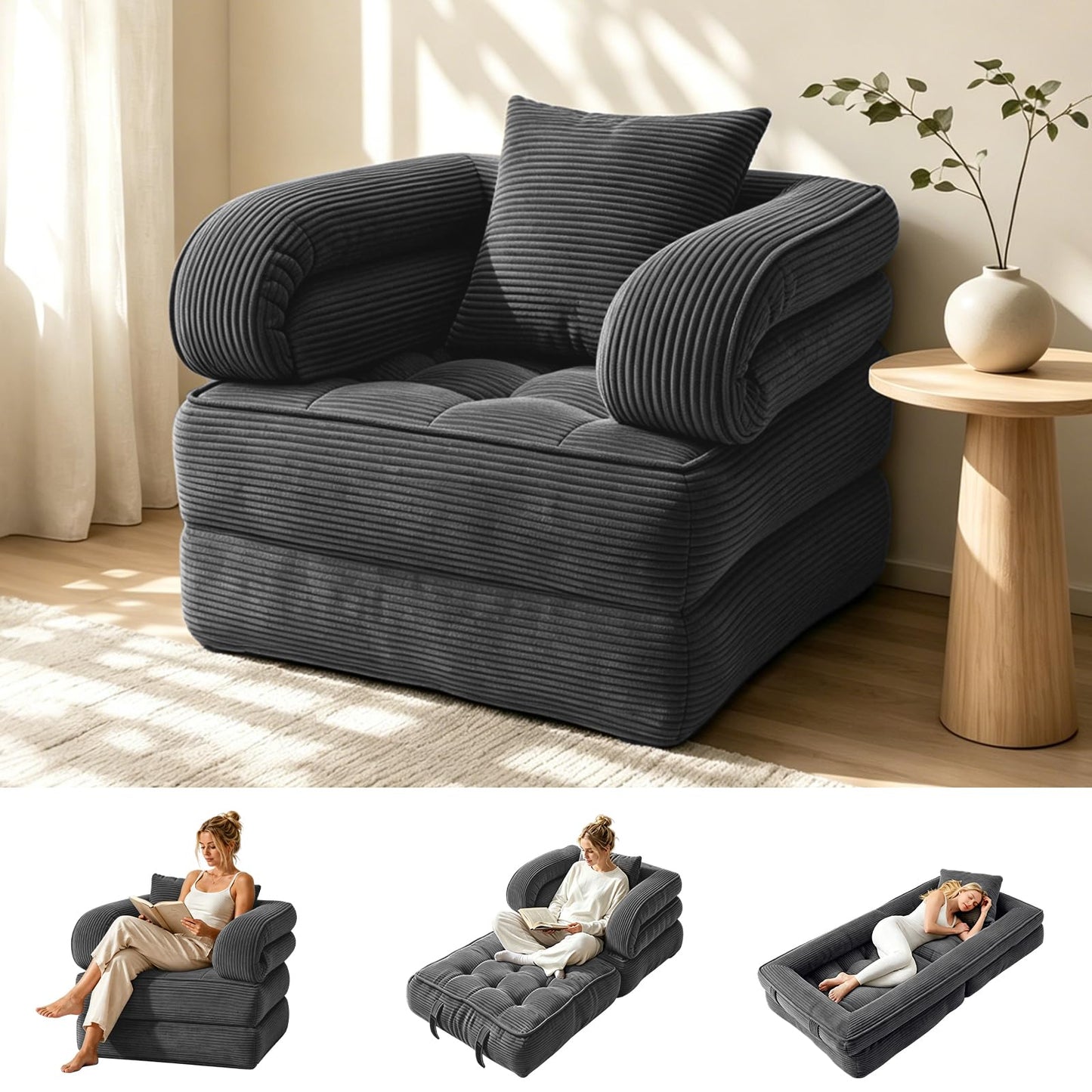 COTOSOF Folding Sofa Bed, Convertible Sleeper Chair with Armrests for Adults, Foldable Corduroy Boneless Bed, 3-in-1 Portable Futon Couch Floor Sofa with Pillow for Bedroom, Living Room, Dark Gray