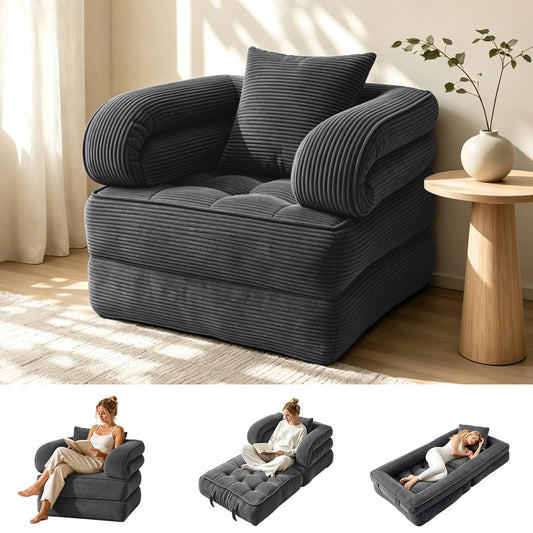 COTOSOF Folding Sofa Bed, Convertible Sleeper Chair with Armrests for Adults, Foldable Corduroy Boneless Bed, 3-in-1 Portable Futon Couch Floor Sofa with Pillow for Bedroom, Living Room, Dark Gray