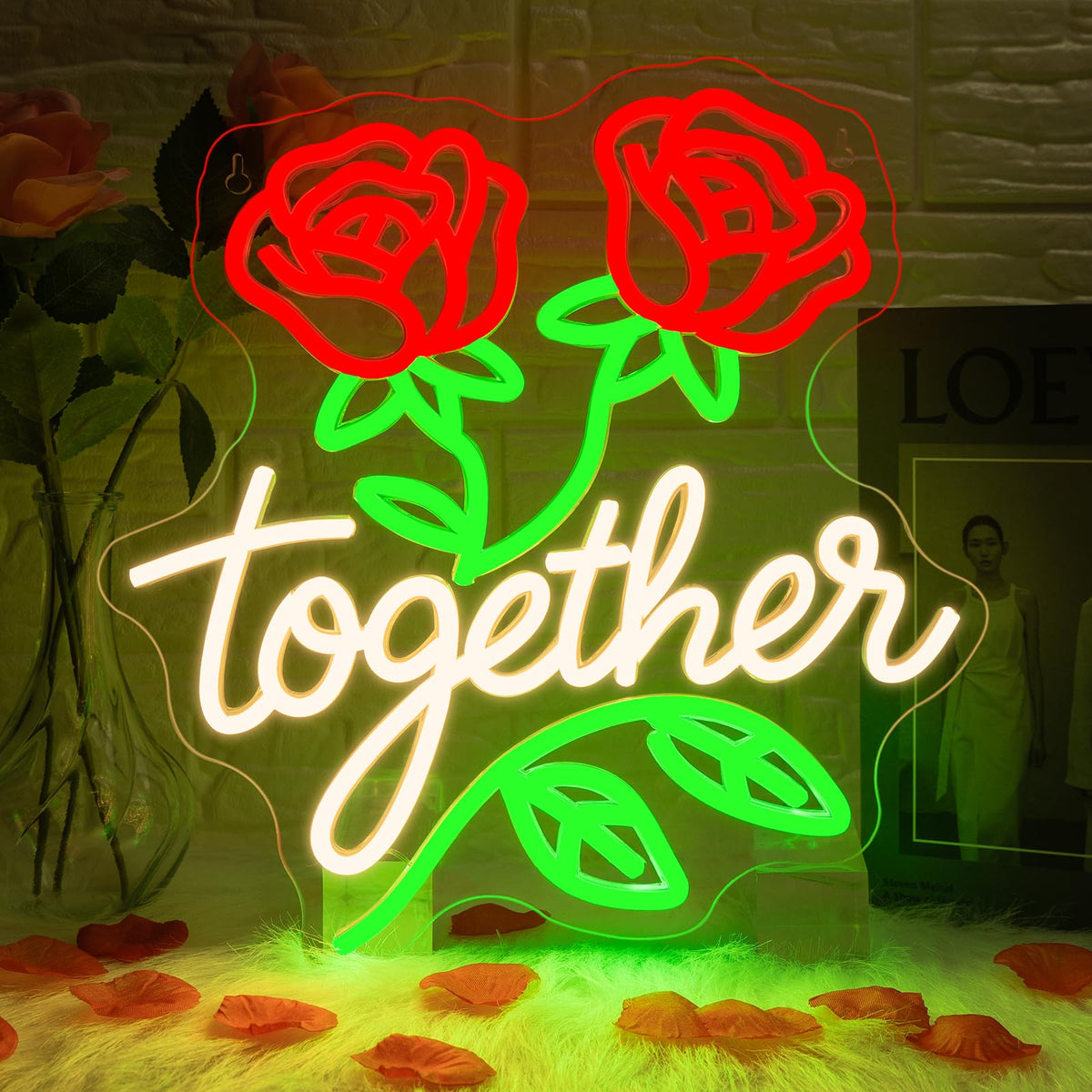 Looklight Together Neon Sign Wedding Neon Signs for Wall Decor Flower Light Happy Anniversary Sign Rose Wall Decor Led Lights for Anniversary Celebration Wedding Party Bedroom Home Decorations Gifts