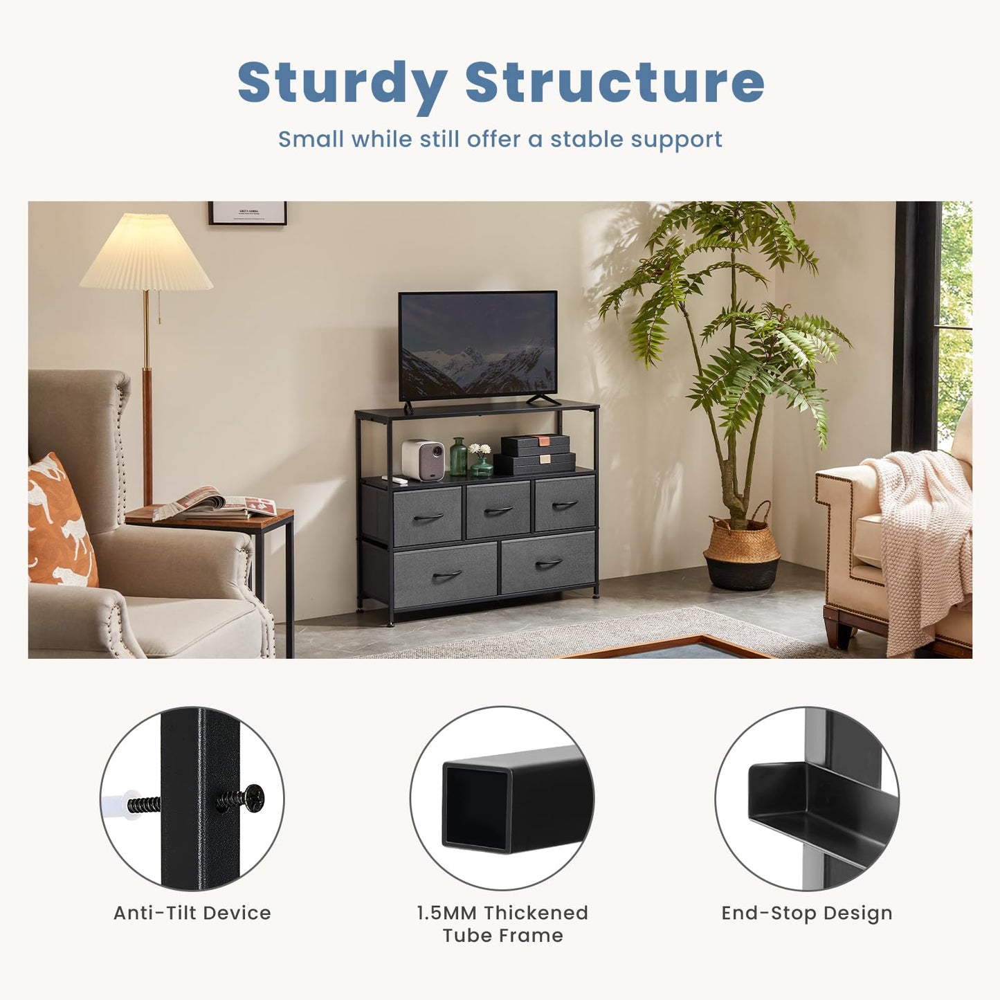 DUMOS TV Stand Dresser with 5 Fabric Storage Drawers, Media Console Featuring Open Shelf for 45 inch TV, Compact Entertainment Unit for Bedroom, Living Space, or Dorm Organization, Grey