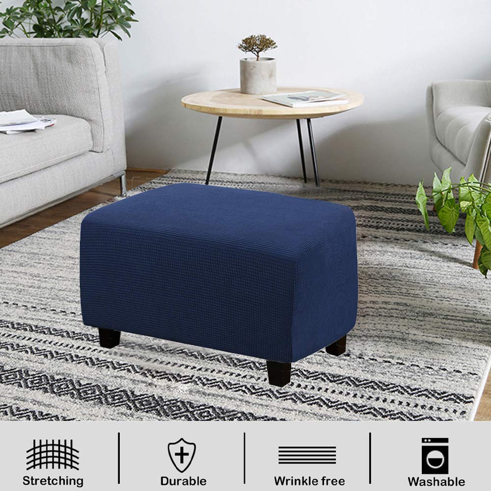 VIENLOVE Rectangle Ottoman Slipcover Polyester Blend Footstool Protector Covers Stretch with Elastic Bottom Feature Textured Machine Washable Jacquard Fabric (Navy, Large)