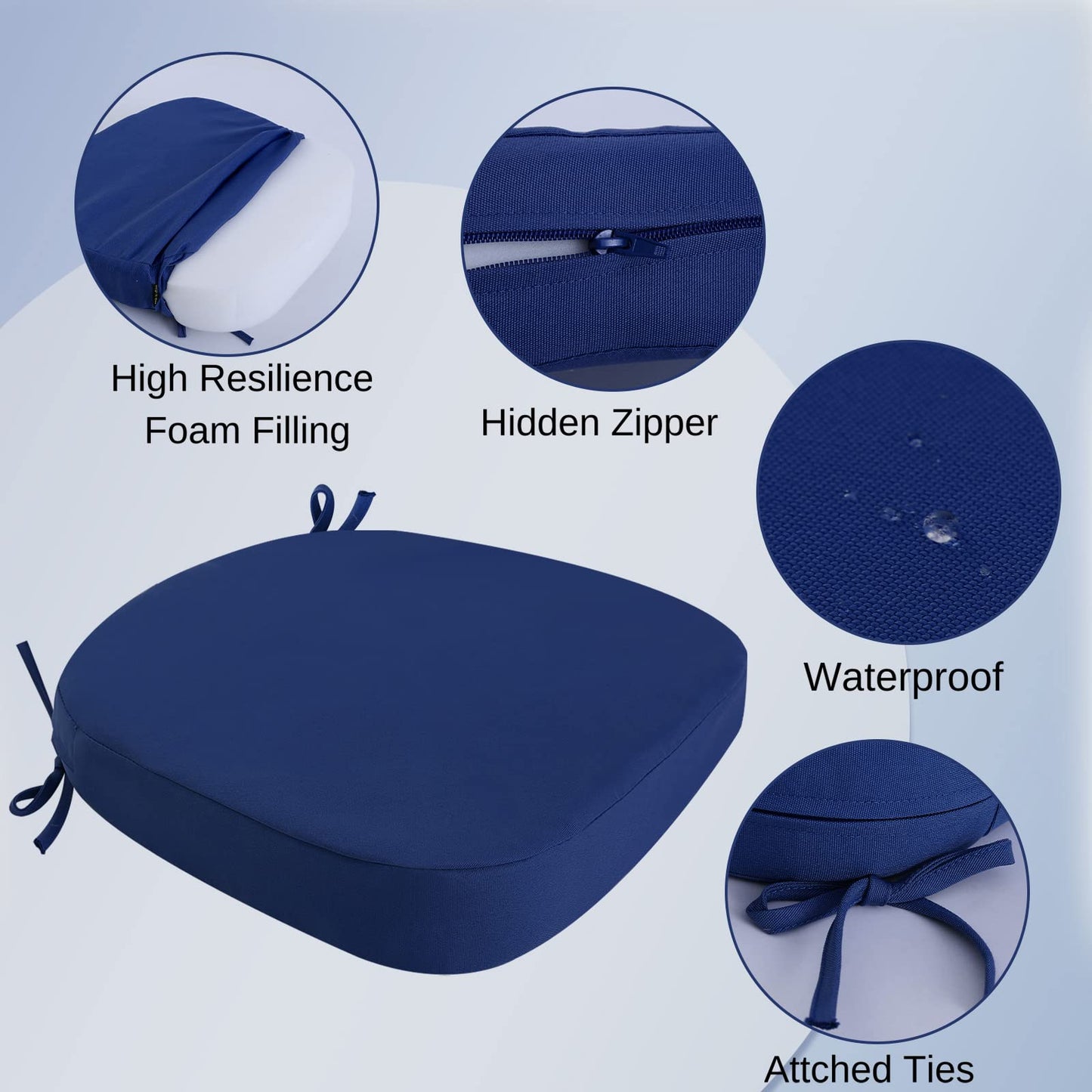 idee-home Outdoor Chair Cushions Set of 2, 17" x 17" Thick D-Shaped Patio Furniture Outdoor Seat Cushions Waterproof with Ties, Dining Pads