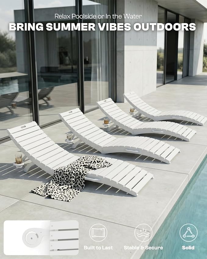 Folding HDPE Pool Lounge Chairs Set of 4, Pre-Assembled Outdoor Chaise Lounge
