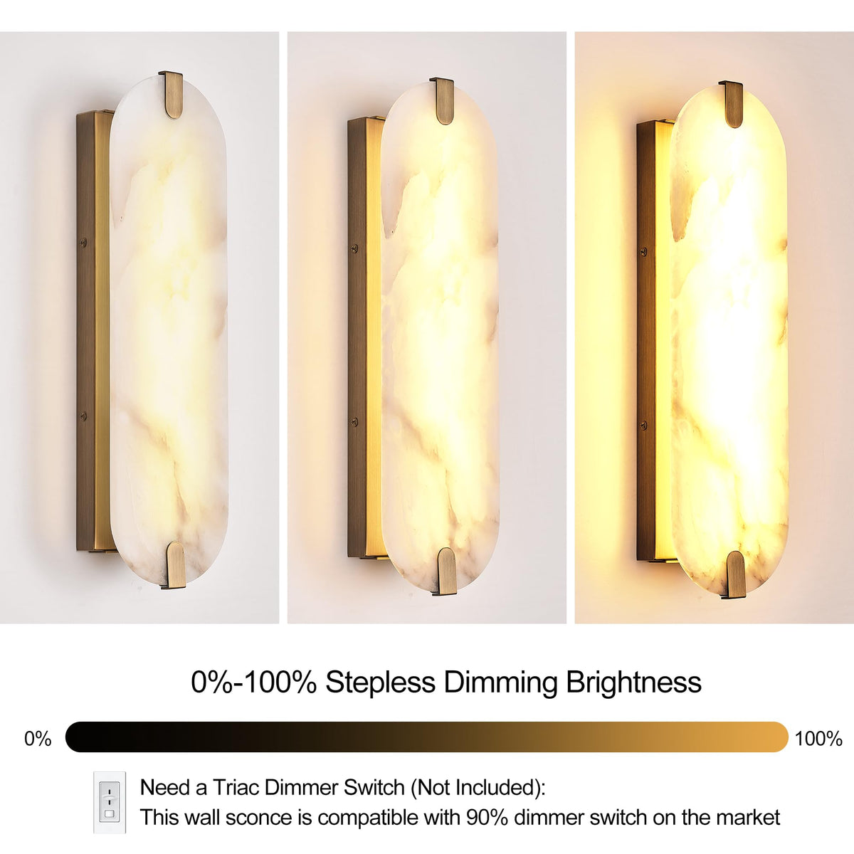 ZEROUNO Alabaster Wall Sconces Set of Two, 22.8 Natural Marble Wall Sconces Wall Lighting, Dimmable Wall Light Fixtures for Bedroom Living Room Stairs Vanity Hallway Bedside,Brushed Gold
