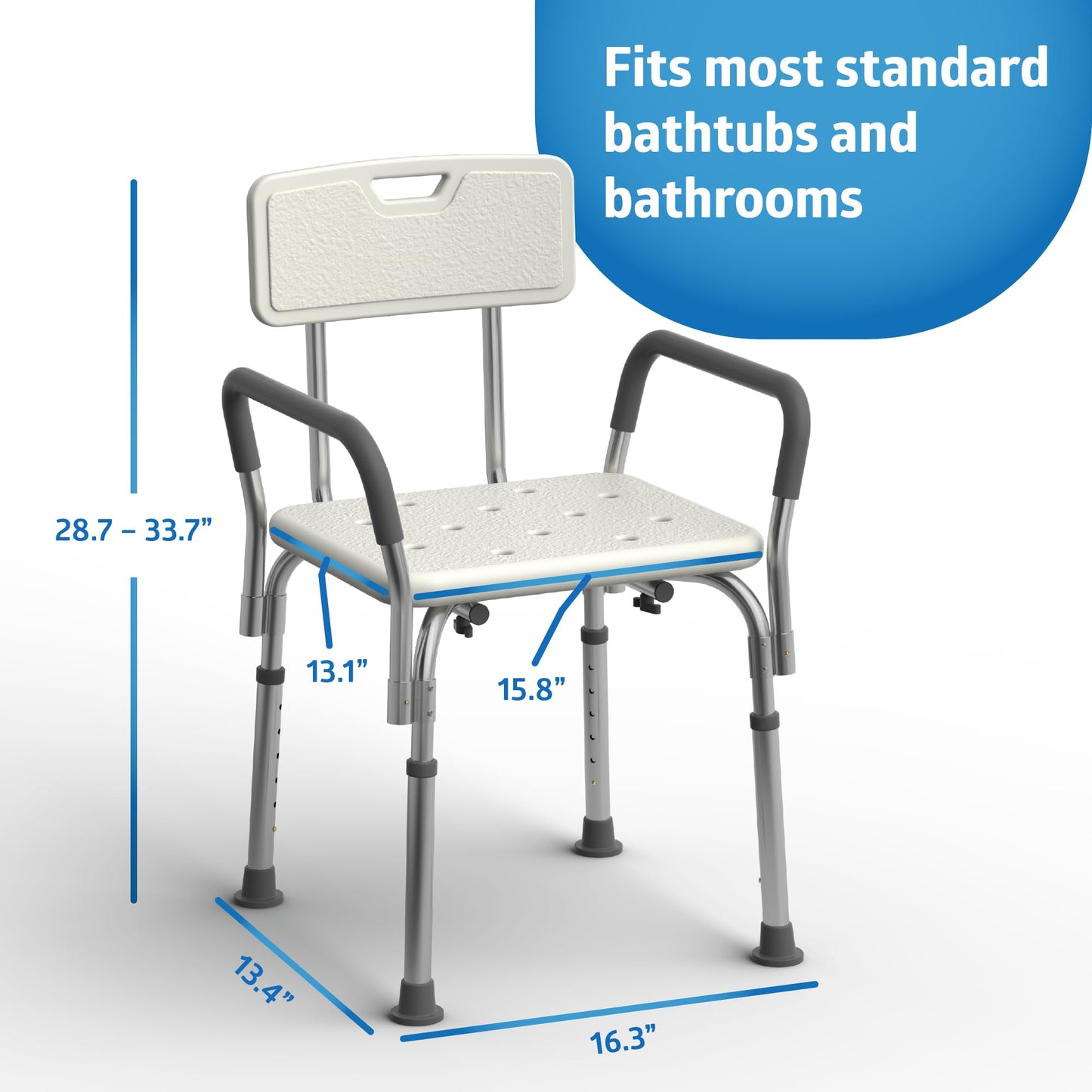 Medline Shower Chair with Backrest and Padded Armrests - 350 lb. capacity, Bath Bench, Seat, Stool for Independent Adult, Seniors, Elderly & Disabled Patients