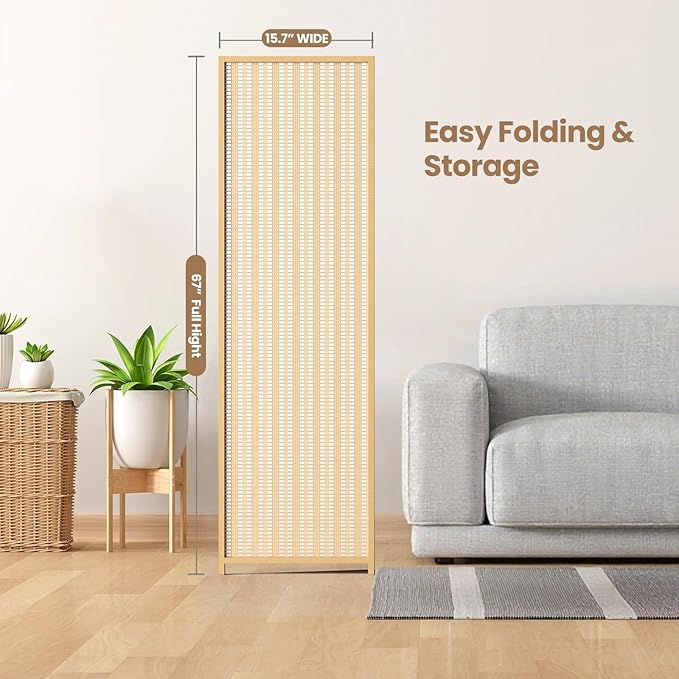 4 Panel Room Divider and Extra Wide Folding Privacy Screen, Bamboo Room Divider