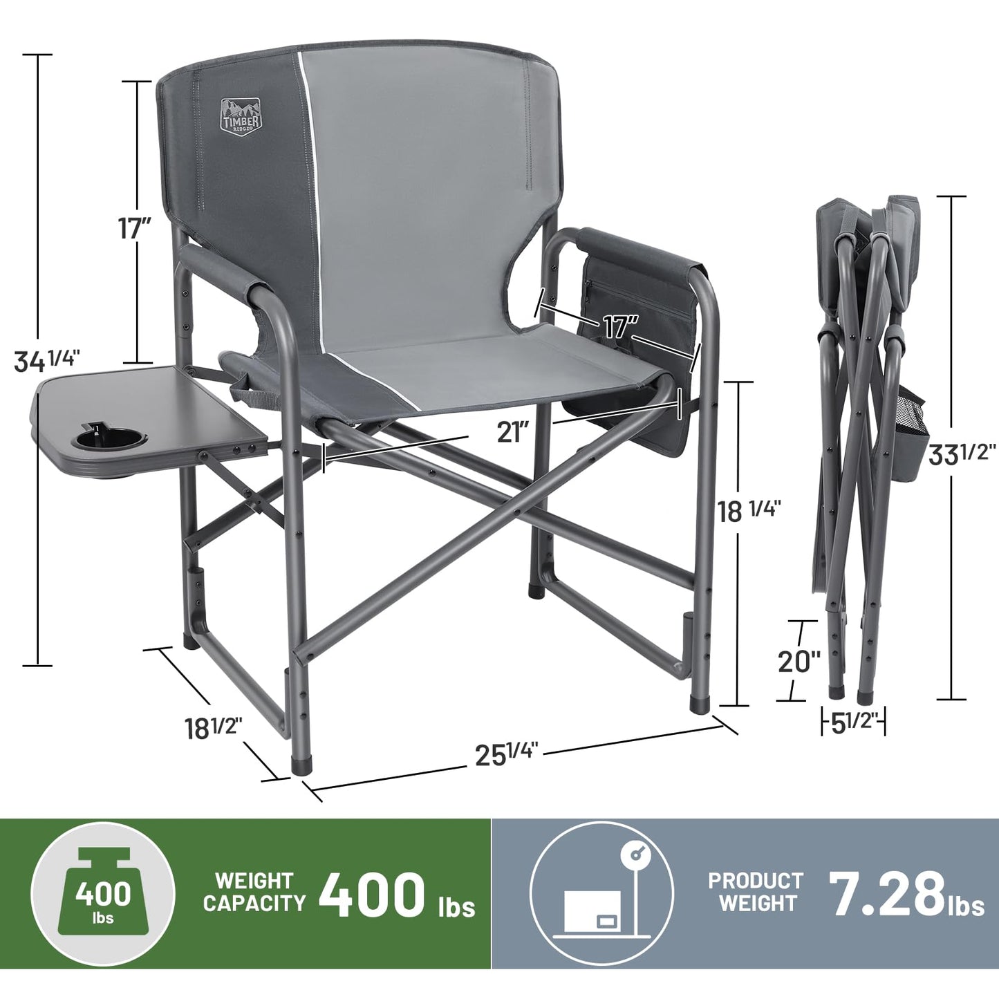 Timber Ridge Aluminum Oversized Camping Chair, Lightweight Portable Directors Chair with Side Table Detachable Side Pocket for Outdoor Camping, Lawn, Picnic, Support 400lbs Gray