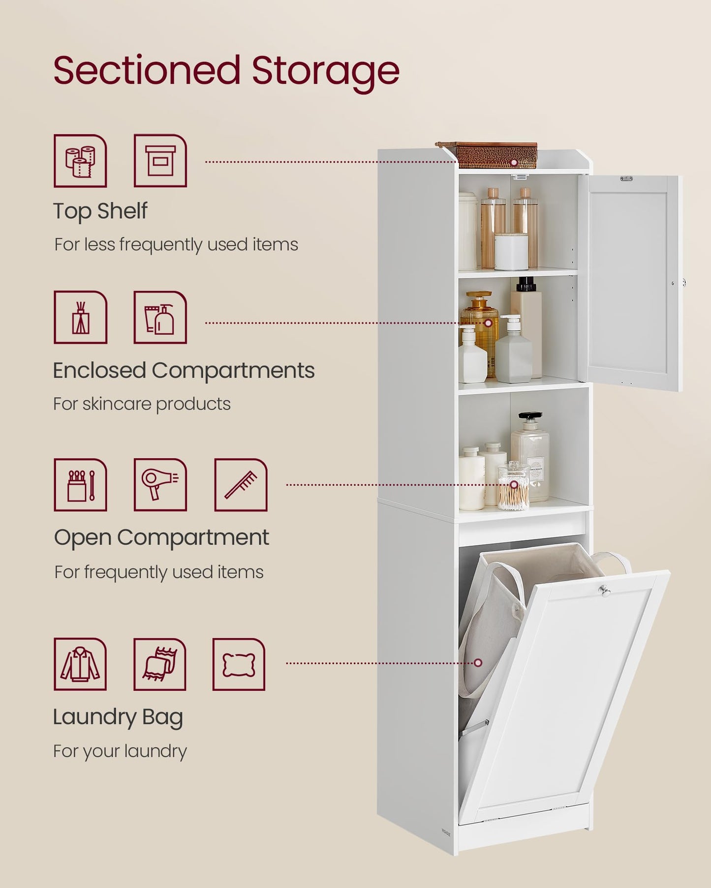 VASAGLE Tall Storage Cabinet, Storage Unit with Removable Laundry Basket, Compartment and Cabinet, for Bathroom, Living Room, 15.8 x 15.8 x 66.9 Inches, Cloud White UBBC761W01