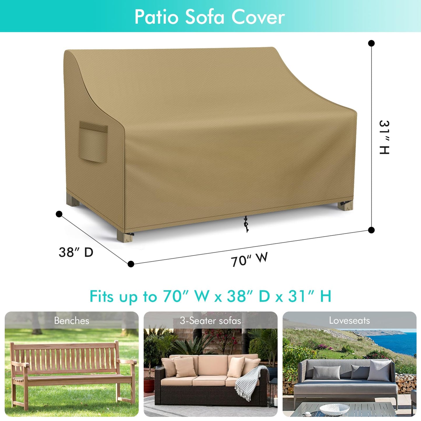 WLEAFJ Patio Sofa Cover Waterproof, Outdoor Loveseat Cover, Heavy Duty Deep Lounge Loveseat Cover, Large Lawn Patio Furniture Covers with Air Vent, 70’’ W x 38’’ D x 31’’ H, Khaki
