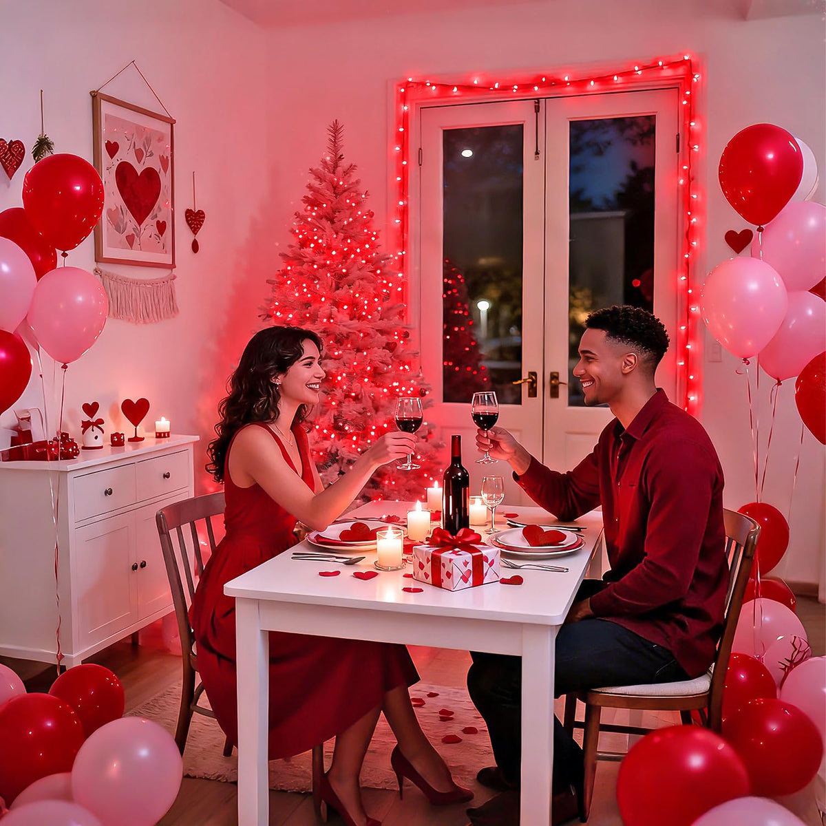 JMEXSUSS 2 Pack 100 LED Red Christmas Lights for Valentines, Each 33 FT Christmas Lights Battery Operated, Red Battery Light Indoor Outdoor Waterproof for Tree House Valentines Porch Yard Decor