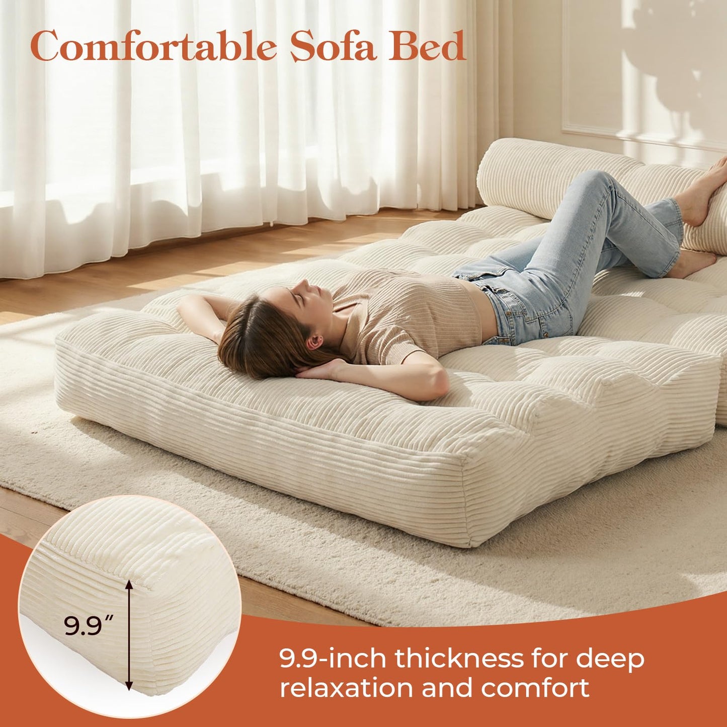 Vellorise Folding Sofa Bed, Convertible Sleeper Chair with Back Support and Pillow Futon, Boneless Matress, for Living Room/Guest Use/Home Office, Foldable Chair Bed for Adults, Beige, Full
