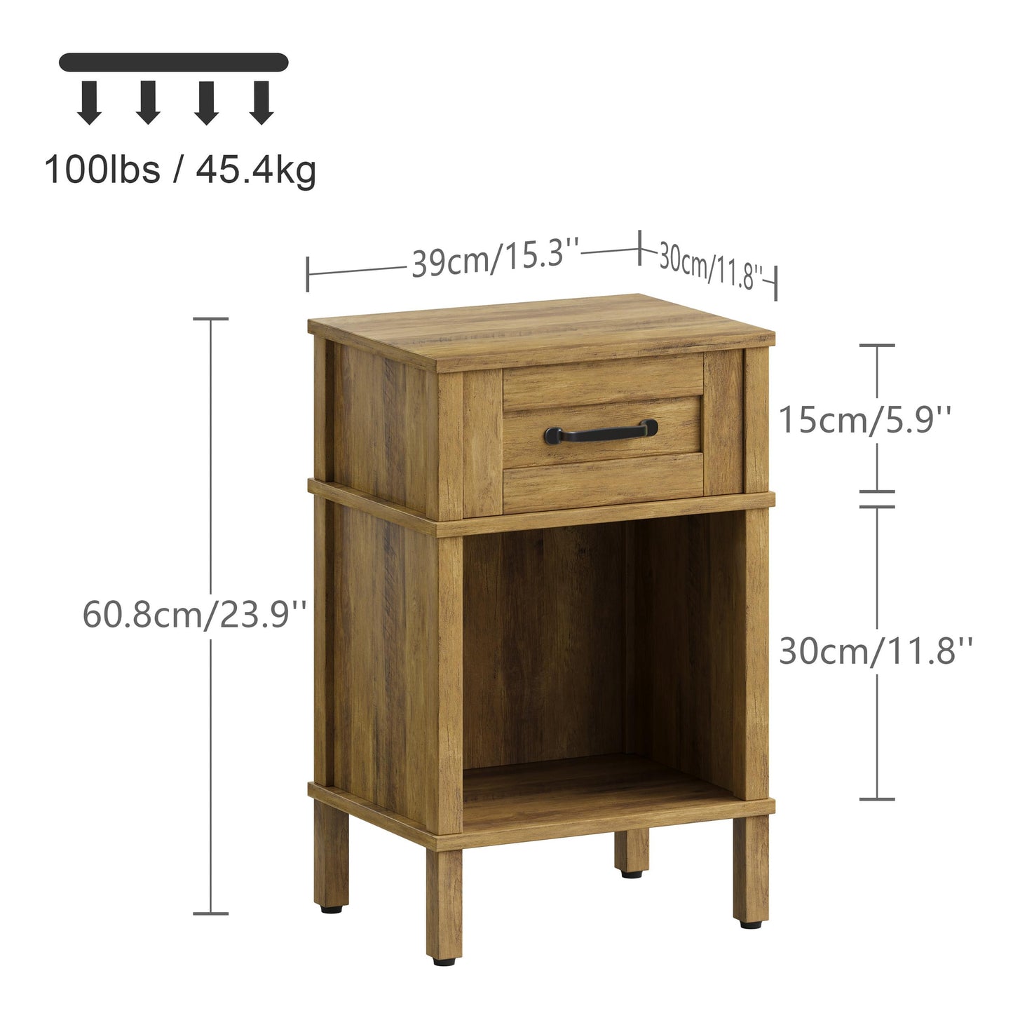 Farmhouse Nightstand with Drawer, Small Wood Bedside Table, Small Rustic Side Table, Modern End Table with Drawer, Wooden Walnut Brown Night Stand for Bedroom LET512DR