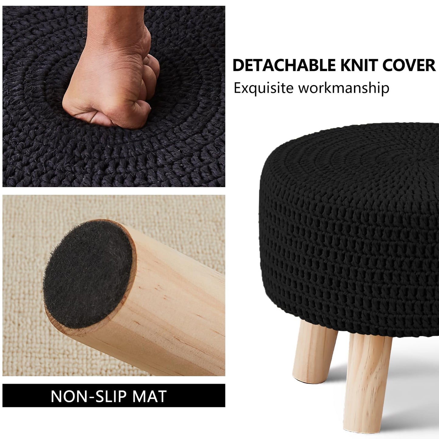 Wimarsbon Small Ottomans, 100% Hand Knitted Pouf Ottoman, Round Footrest with 4 Non-Skid Wood Legs, Boho Décor Cotton Rope Pouffe, Leisure Floor Step Chair for Living Room (Black)