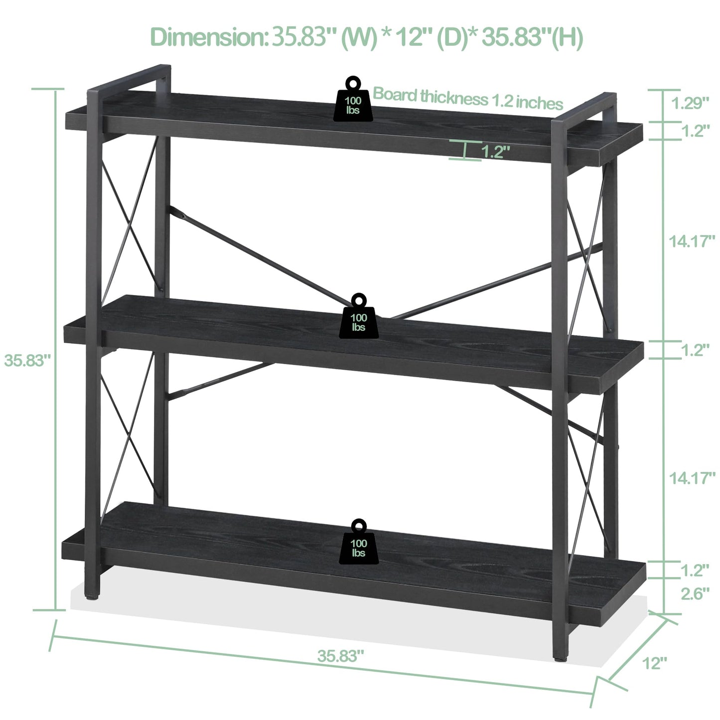 HCHQHS Bookshelf, 3-Tier Industrial Bookcase, Black Open Book Shelf, Freestanding Horizontal Bookshelves with Metal Frame