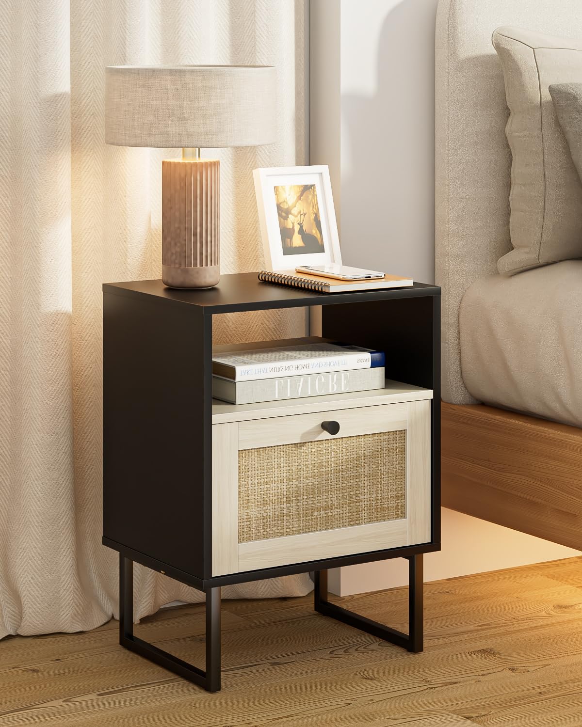 Apetaccat Rattan Nightstand, Boho Night Stand Farmhouse Wood Bedside Table with Storage and Open Shelf, End Side Accent Table for Bedroom,Living Room,Black and Oak