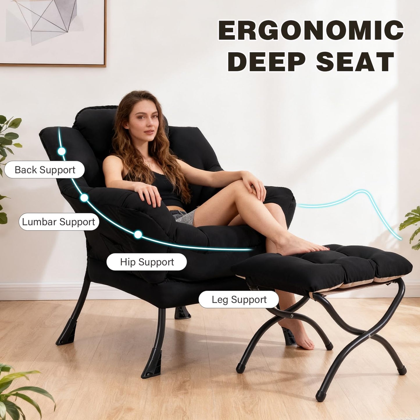 SESHINELL Lazy Chair with Ottoman, Modern Accent Chair Contemporary Lounge Leisure Sofa Chair with Armrests, Reading Chair and Folding Footstool Set for Living Room, Bedroom, Office, Black