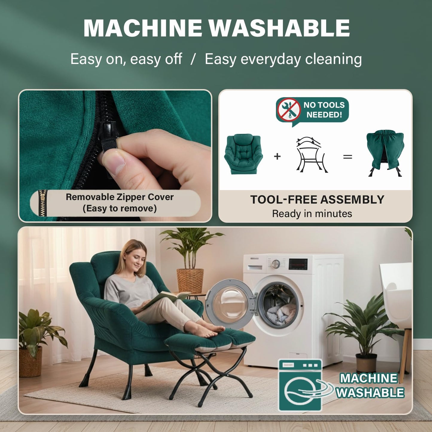 Givjoy Lazy Chair and Ottoman, Large Green Velvet Accent Chair with Side Pocket, Modern Leisure Upholstered Sofa Reading Armchair with Footrest for Office, Bedroom, Living Room, Dorm Rooms, Balcony