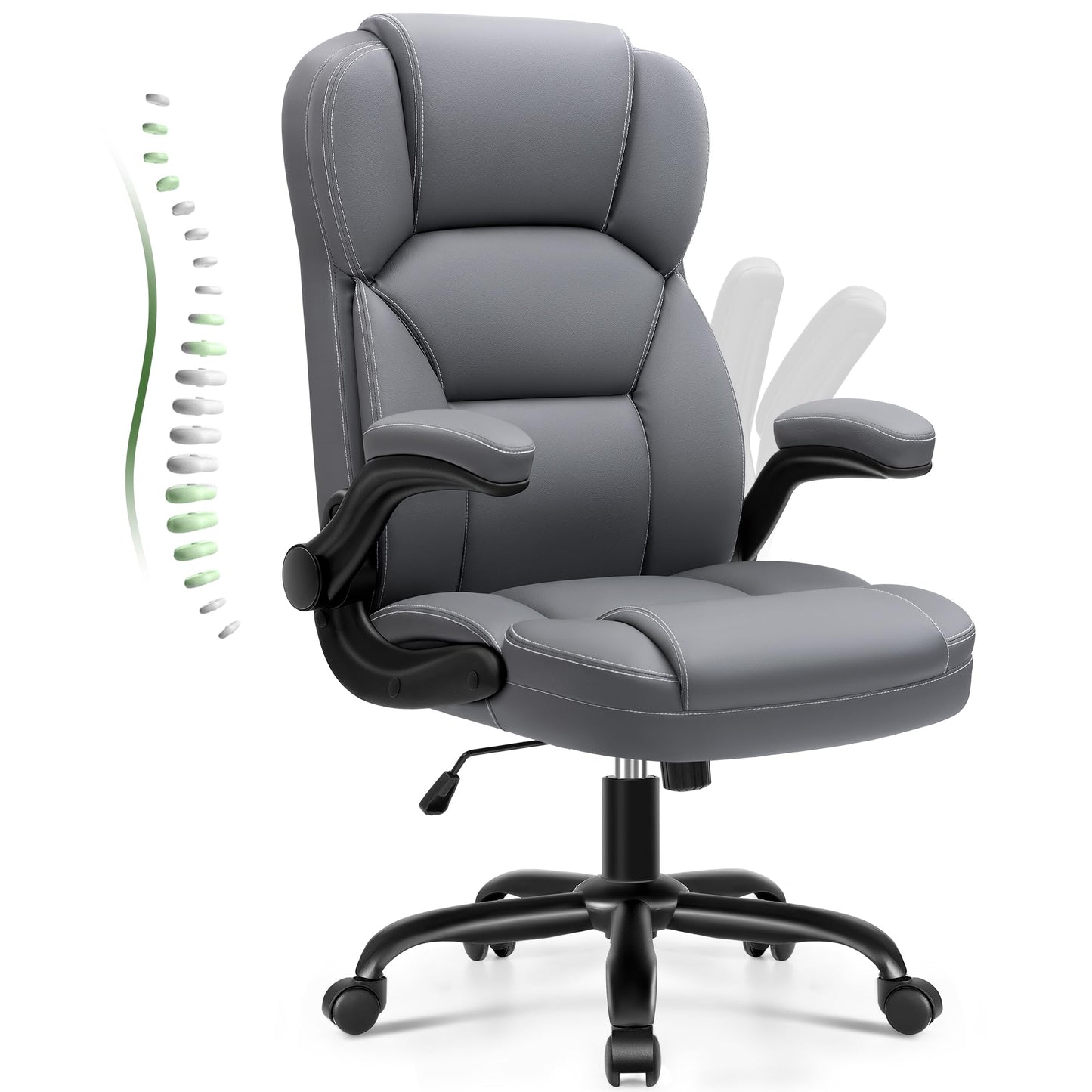 Brick Attic Leather Office Chair with Flip Up Arms, 360° Swivel Ergonomic Desk Chair with Wheels, Adjustable Height Computer Chair with Padded Seat for Home Office, Study,Gaming Room, Gray