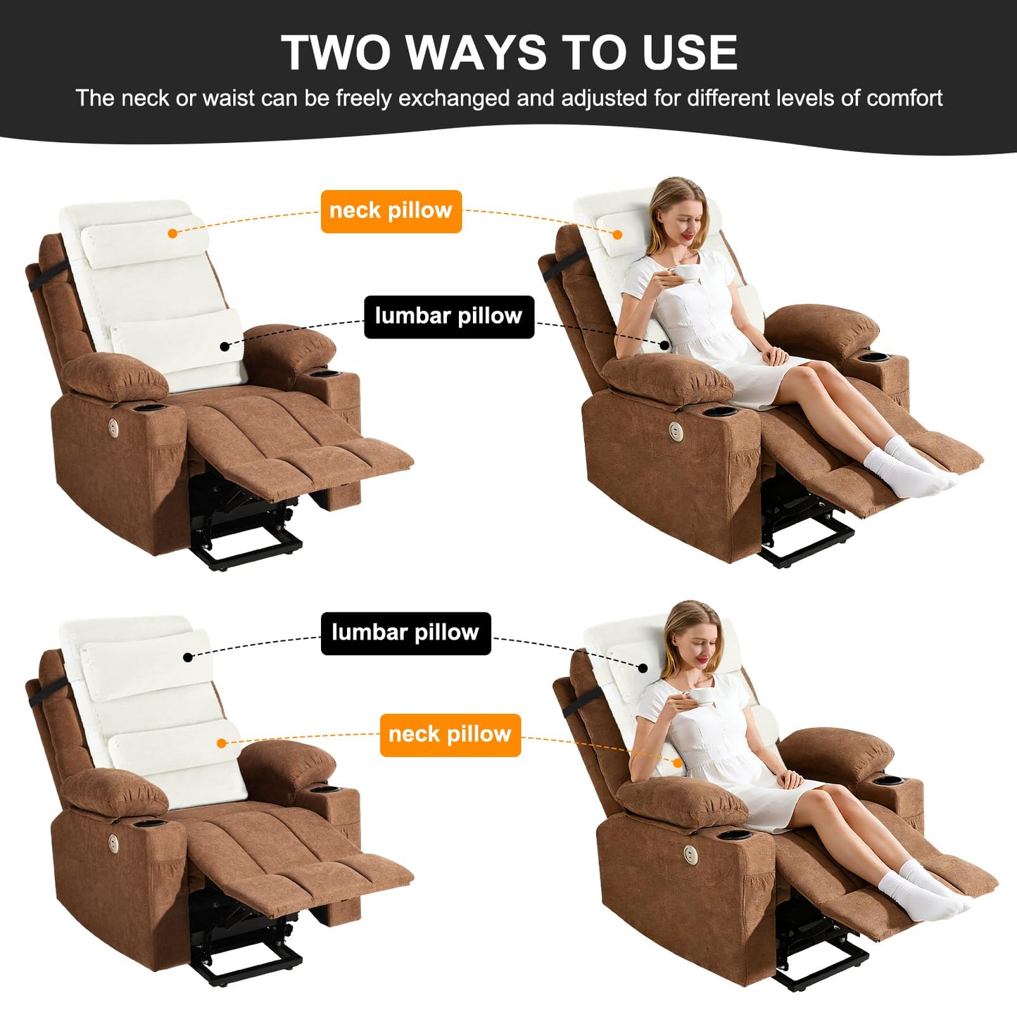 BYTLK 2-in-1 Neck & Lumbar Support Pillow with Adjustable Height and Ergonomic backrest Design, Suitable for recliners, Sofas, high-Back Rocking Chairs, Relieve Back Pressure. (White)
