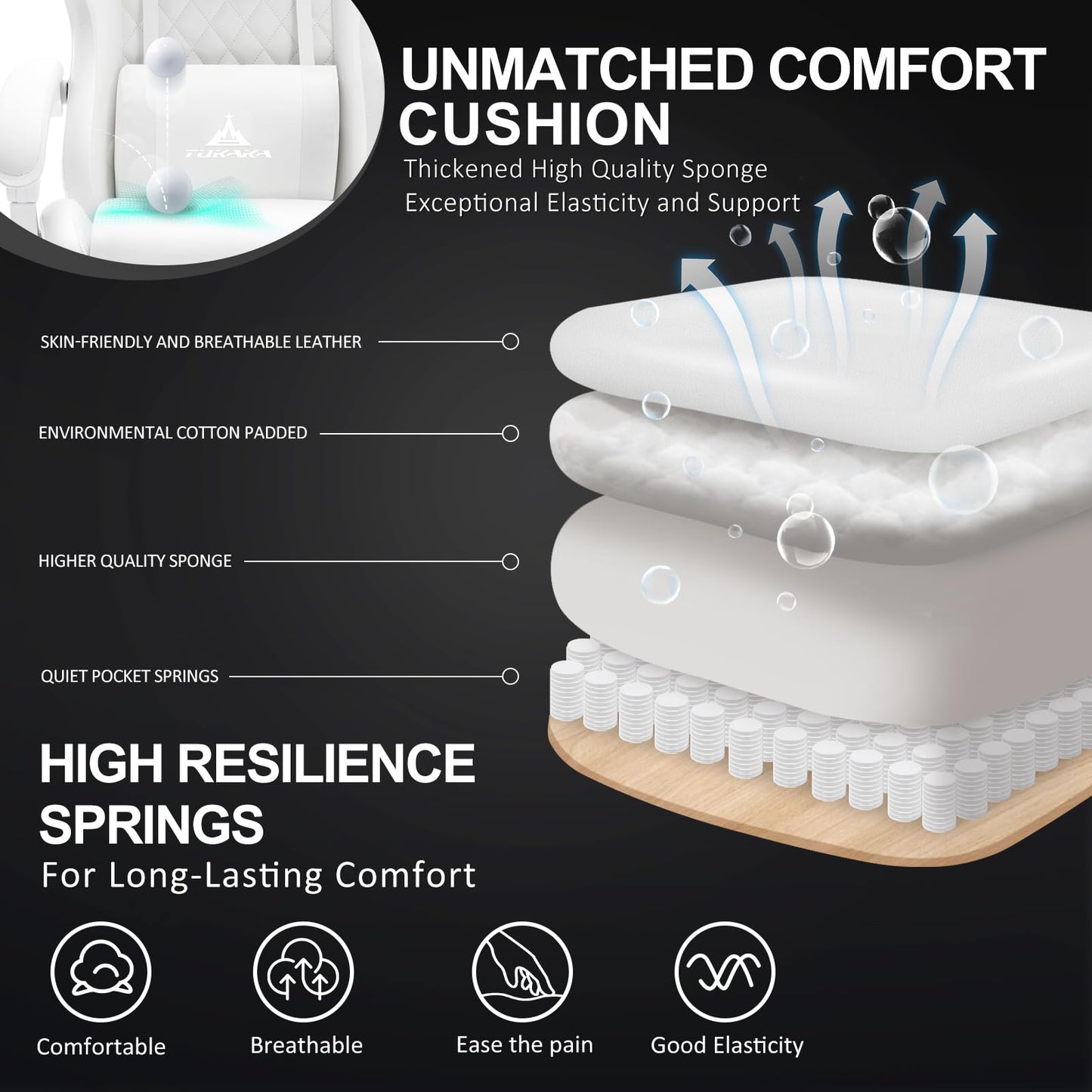 TUKAKA White Gaming Chair,Ergonomic Massage Computer Office Desk Chair with Footrest,Pocket Spring Cushion,Reclining Leather Adjustable Gamer Chair with Headrest and Lumbar Support,White