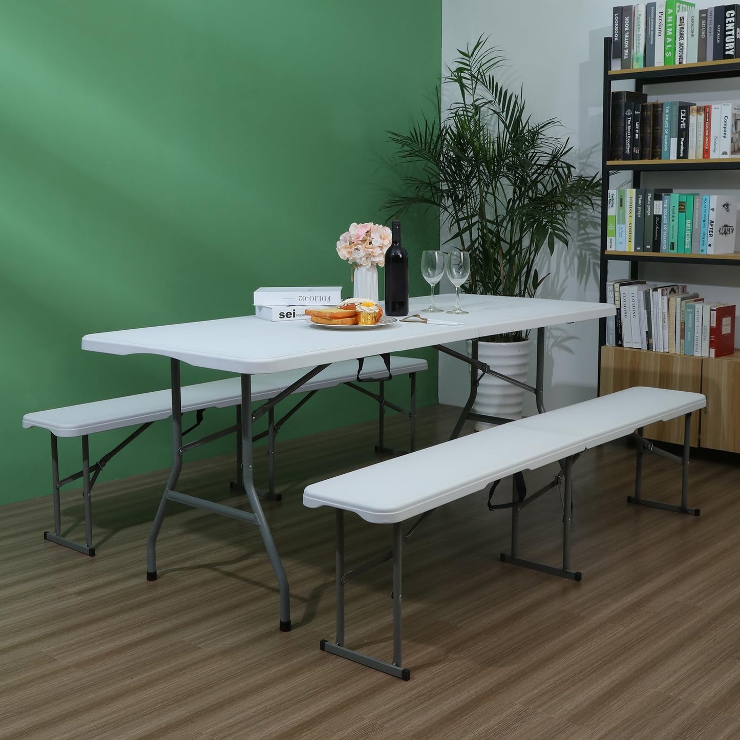 Vampire Killer Folding Table 6ft Foldable Table with Built in Handle & Steel Legs / 6FT Heavy Duty Folding Portable,Perfect for Party, Dining Indoor/Outdoor Events, Tailgating & Backyard BBQ, White