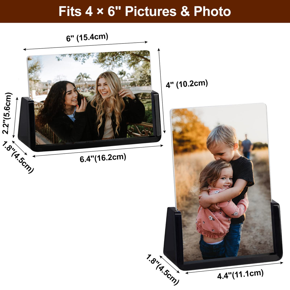 Boxalls 2 Pack Acrylic Picture Frames 4x6 with Translucent Black Base Stand, Frameless Photo Frame for Tabletop or Desktop Display (Horizontal + Vertical)