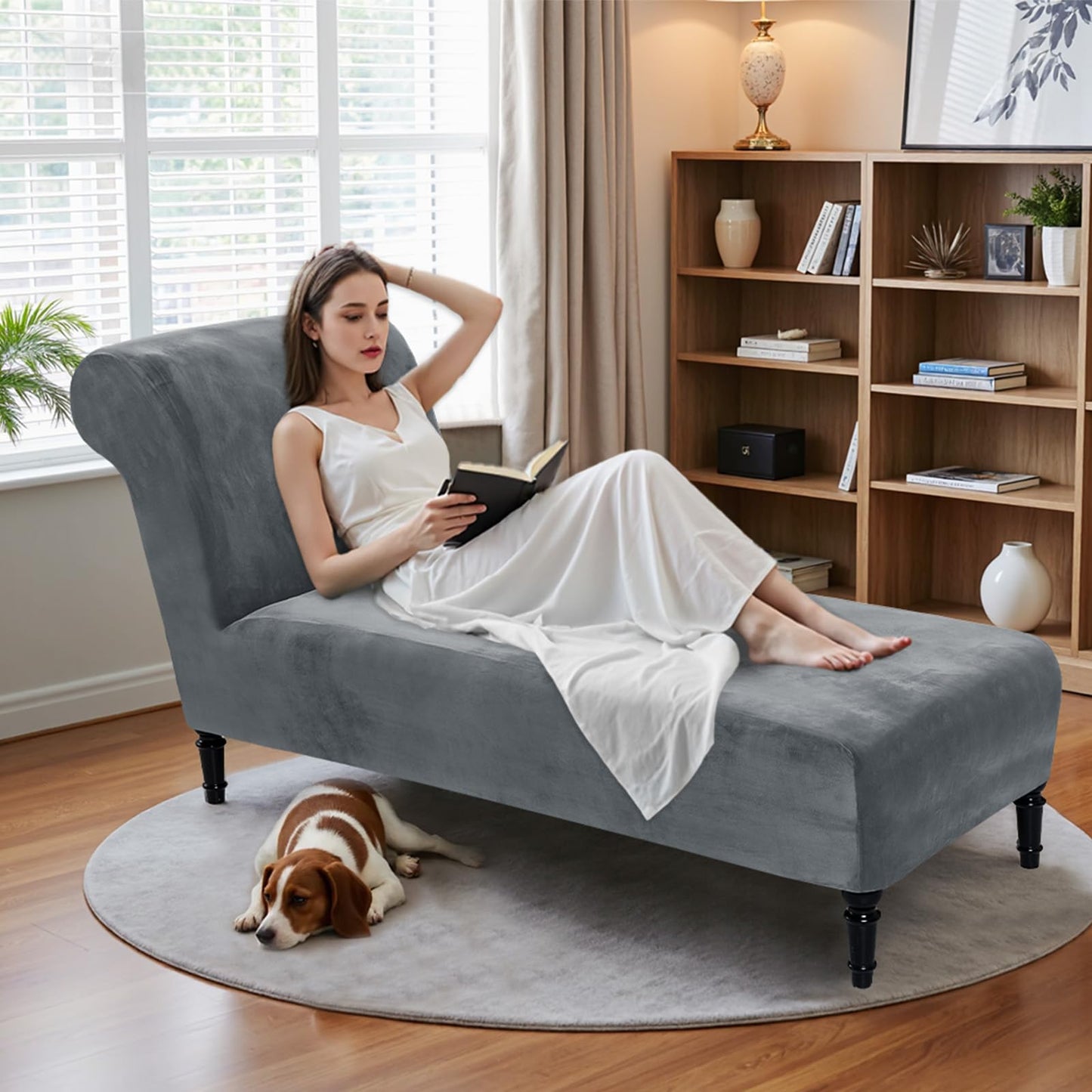 Velvet Chaise Lounge Cover Indoor Armless Chaise Slipcover Luxury High Stretch Ultra Soft Lounge Chair Covers Modern Machine Washable Chair Cover for Living Room Bedroom Furniture, Dark Grey