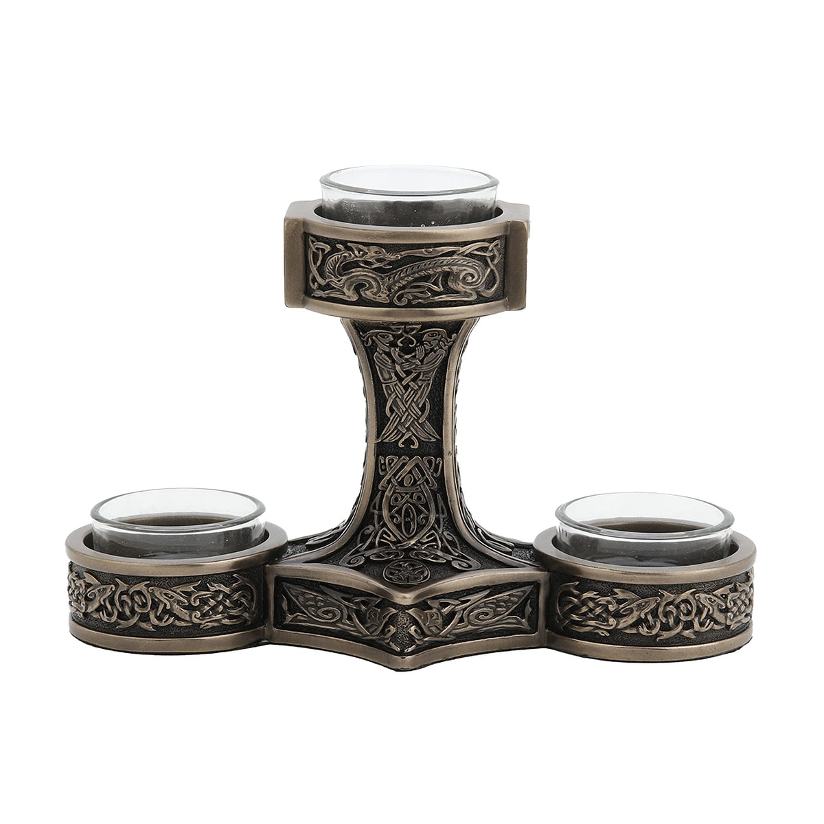Veronese Design 4 7/8 Inch Tall Mjolnir Hammer of Thor Triple Head Tealight Candle Holder Viking Nordic Decor Cold Cast Bronzed Resin Sculpture