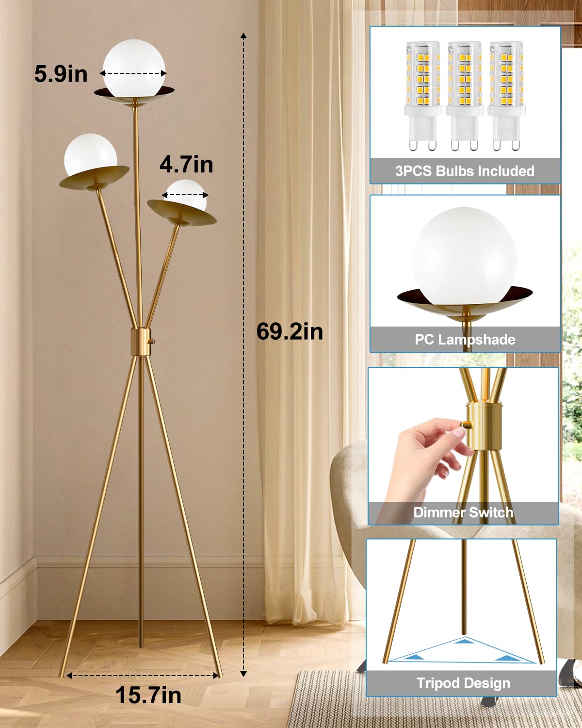 ACOHOOK 3 Globe Dimmable Tripod Floor Lamp, Mid Century Floor Lamps with 3Pcs 3000K Bulbs Included, Modern Gold Tall Lamp for Living Room Bedroom Home Office Sofa Beside Corner Decor
