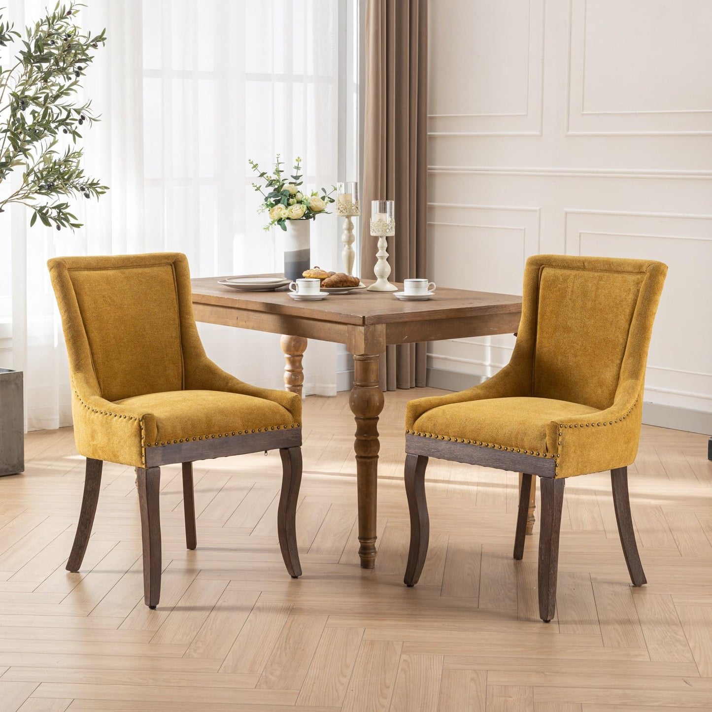 Ball & Cast Mid-Century Upholstered Dining Chairs Set of 2, Thickened Fabric Wingback Kitchen Chairs with Bronze Nail Head & Toned Solid Wood Legs, Golden