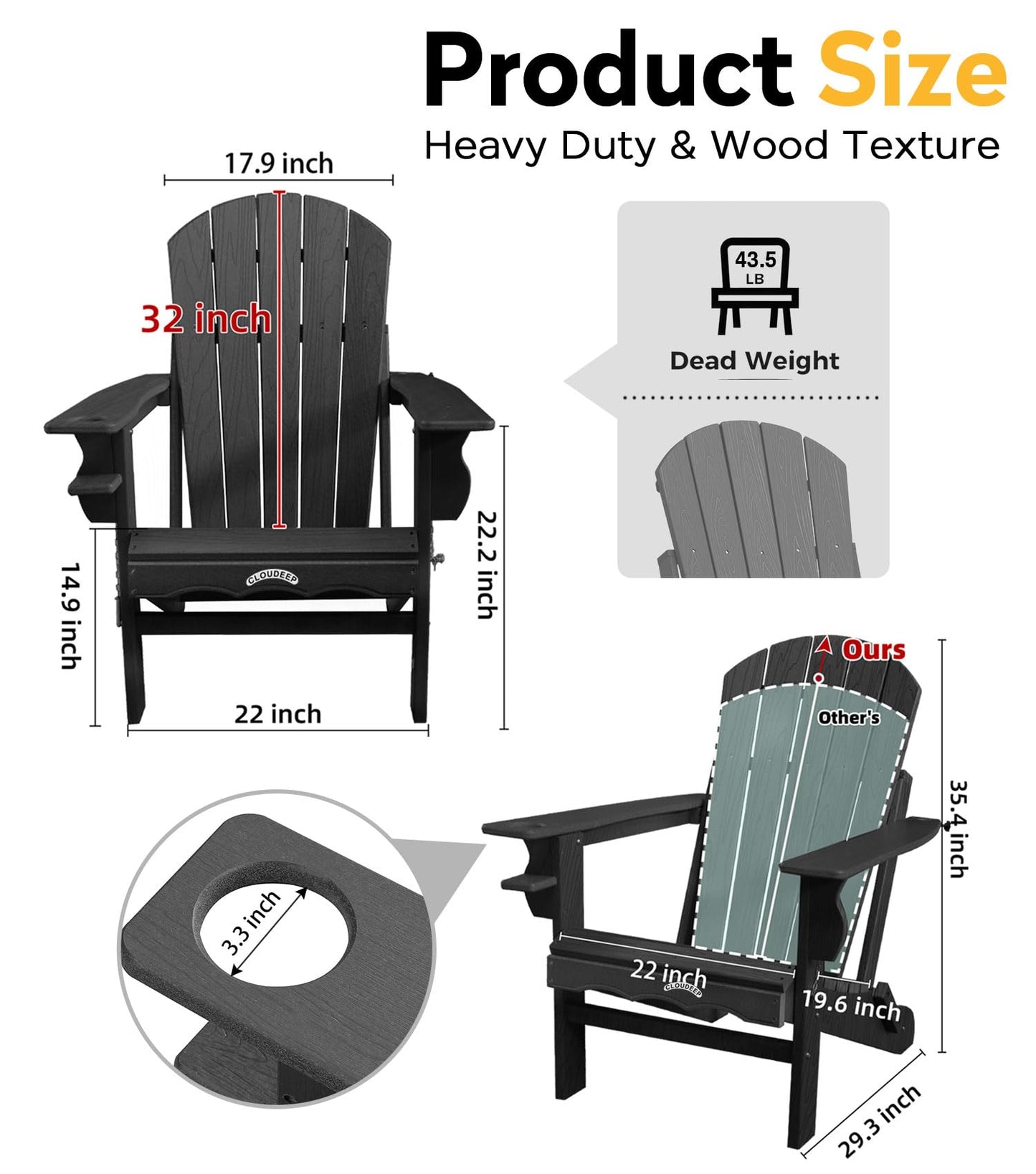 Folding Adirondack Chair, 25 Year Fade Proof Recycled HDPE Oversized Fire Pit Chair, 400 LBS Weight Capacity Outdoor Chair with Cup Holder, Umbrella Hole, Wood Texture for Patio Garden, Deck, Poolside