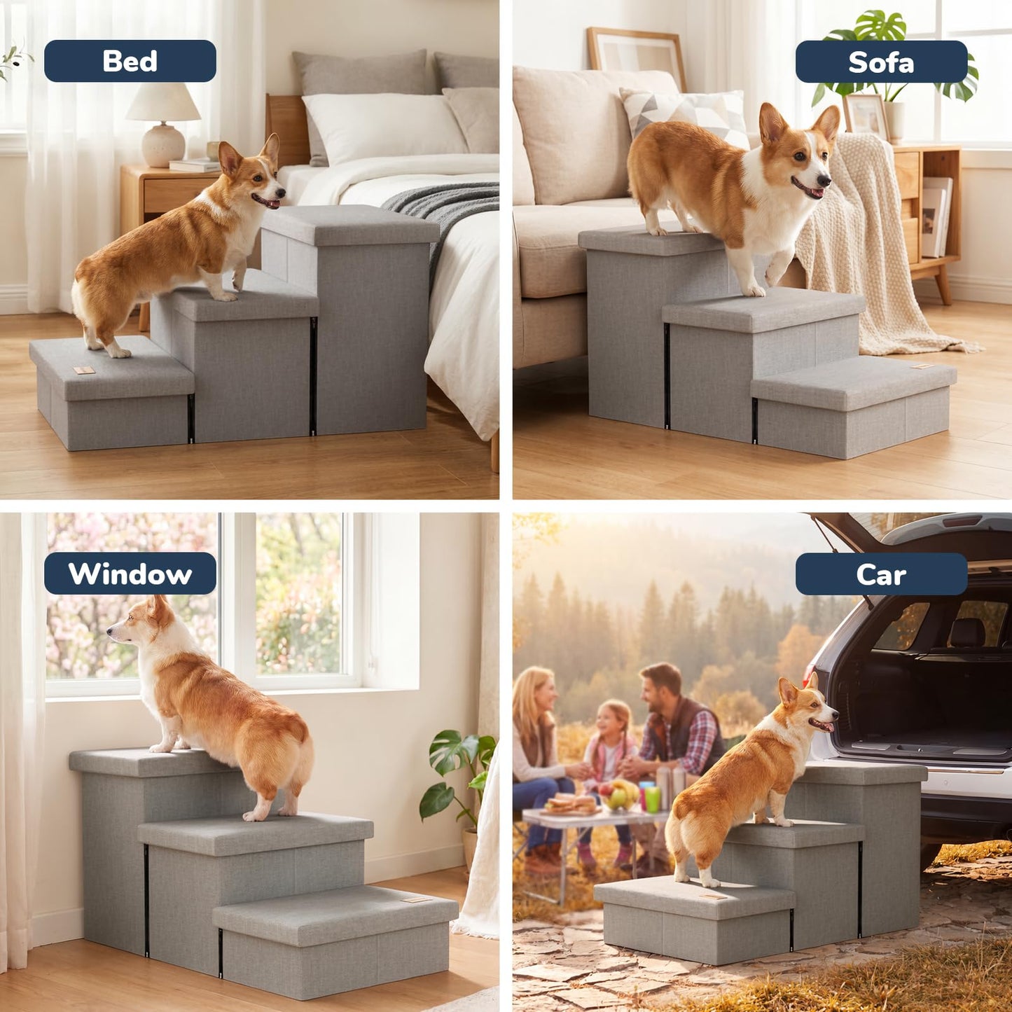 Fecuria 3-Step Wide Dog Stairs with Hidden Storage 18" H, Non-Slip Dog Steps for High Bed Couch Window Car, Jiont-Friendly Pet Stairs Ramp for Small/Medium/Large Old Dogs Cats Up to 220lbs, Grey