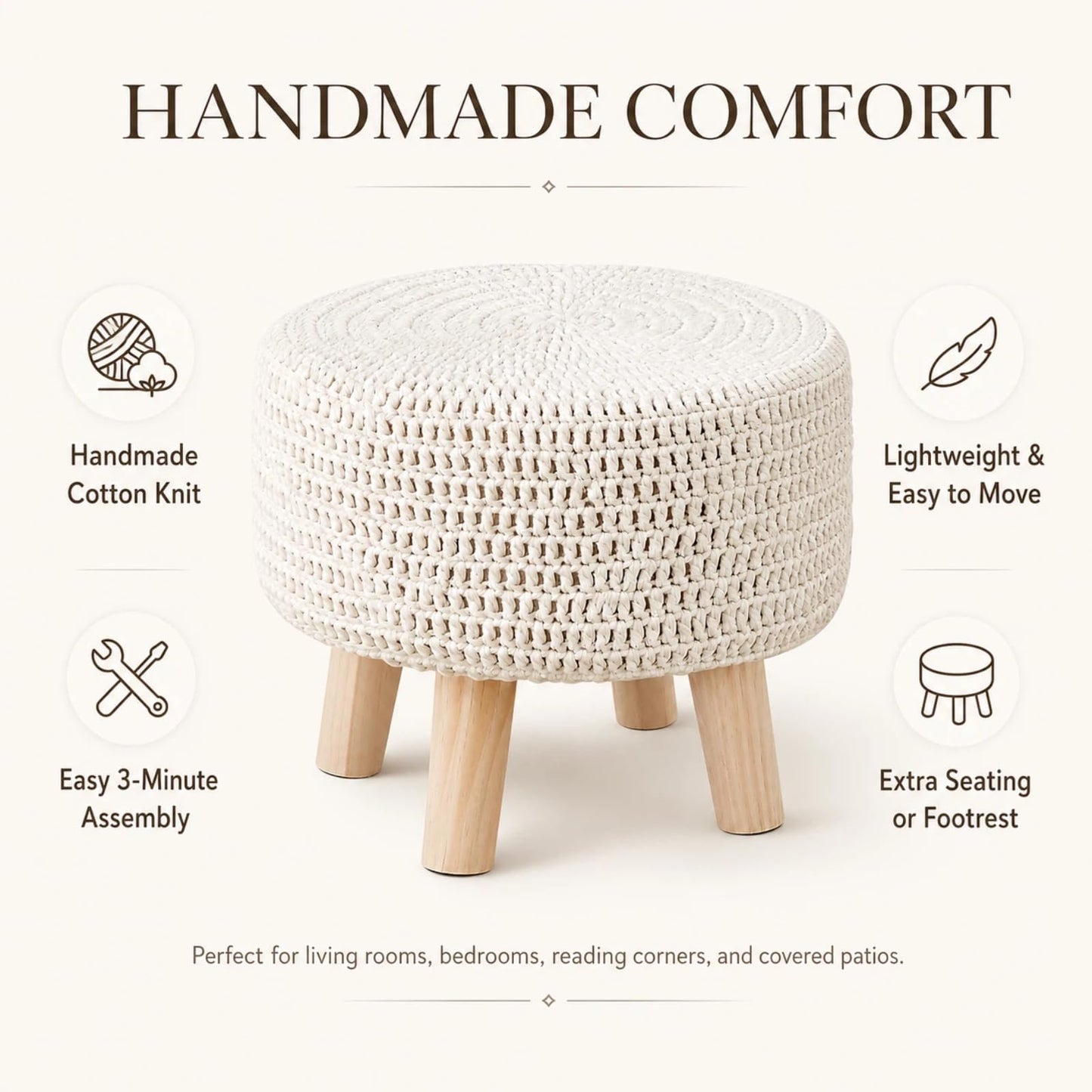 Wimarsbon Pouf Ottoman, 100% Cotton Knitted Boho Footstool, Round Footrest with Non-Skid Wood Legs, Home Décor Handmade Pouffe, Leisure Floor Step Stool for Living Room (Beige)