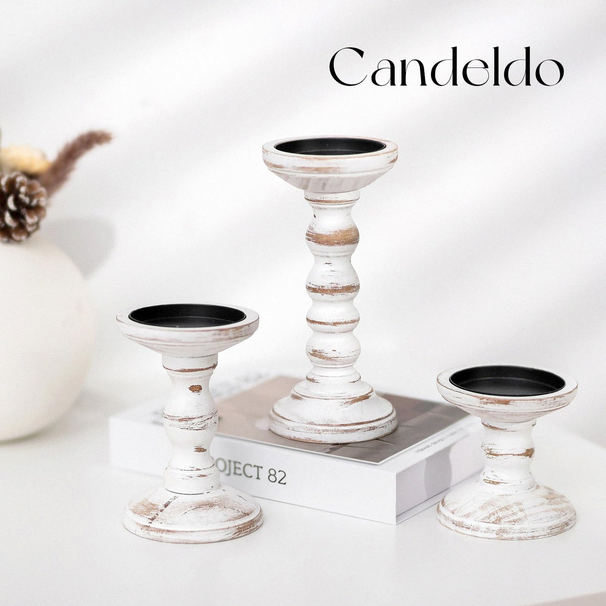 Candeldo Wood Candle Holders for Pillar: Rustic Candles Holder Set of 3 Tall Table Centerpiece Shabby Chic Decor Wooden White Farmhouse Decorations for Fireplace Mantle