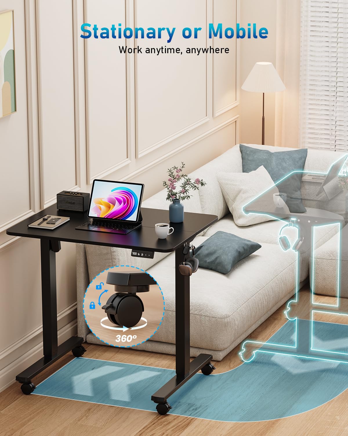 Xyndyx 32" Small Electric Rolling Standing Desk Adjustable Height, Mobile Sit Stand up Desk with Lockable Casters for Home Office & Computer Workstation, Splice Board, 2 Hooks, Black Frame/Black Top