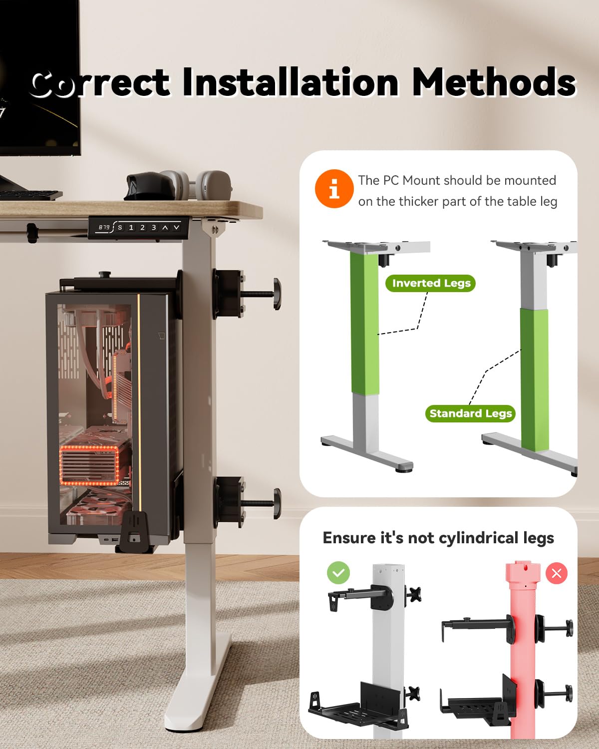 JOY worker No Drilling Under Desk PC Mount for Standing Desk, Clamp-On Desk Leg Computer Mount with Extra Protective Arms, Adjustable Computer Case CPU Holder Holds Up to 44lbs, Black