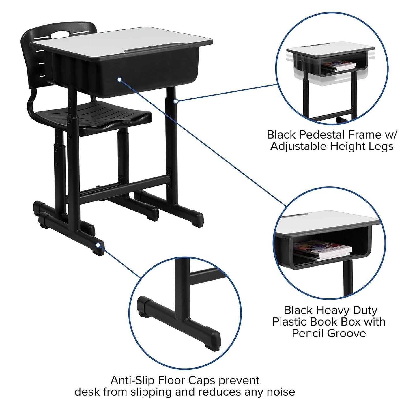 Flash Furniture Nila Set of 3 Adjustable Height Student Desks and Chairs with Black Pedestal Frames
