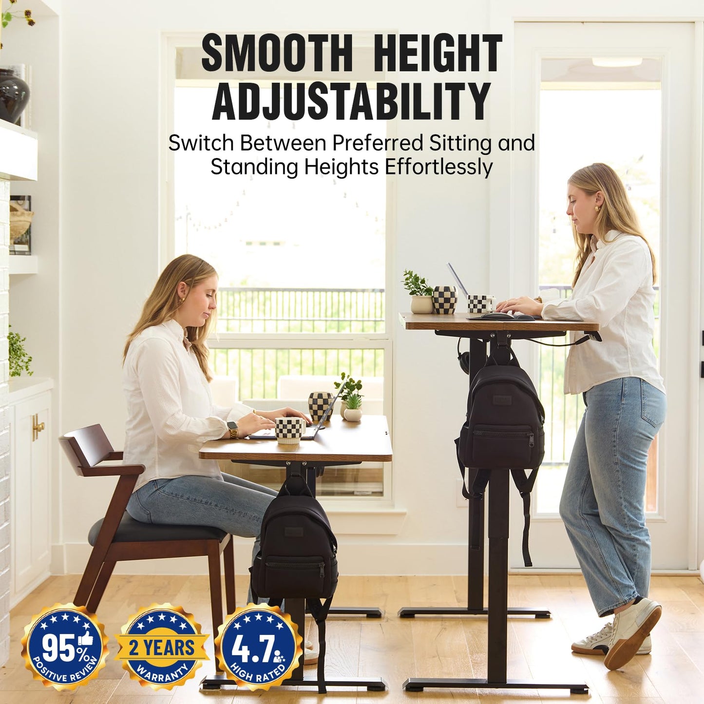 Veken 55 Inch, Height Adjustable Sit Stand Up, Wood Desktop, Work Home Office Computer PC Table, Tall Standup Workstation, Gaming Writing Study Bedroom Rising Desks, Brown